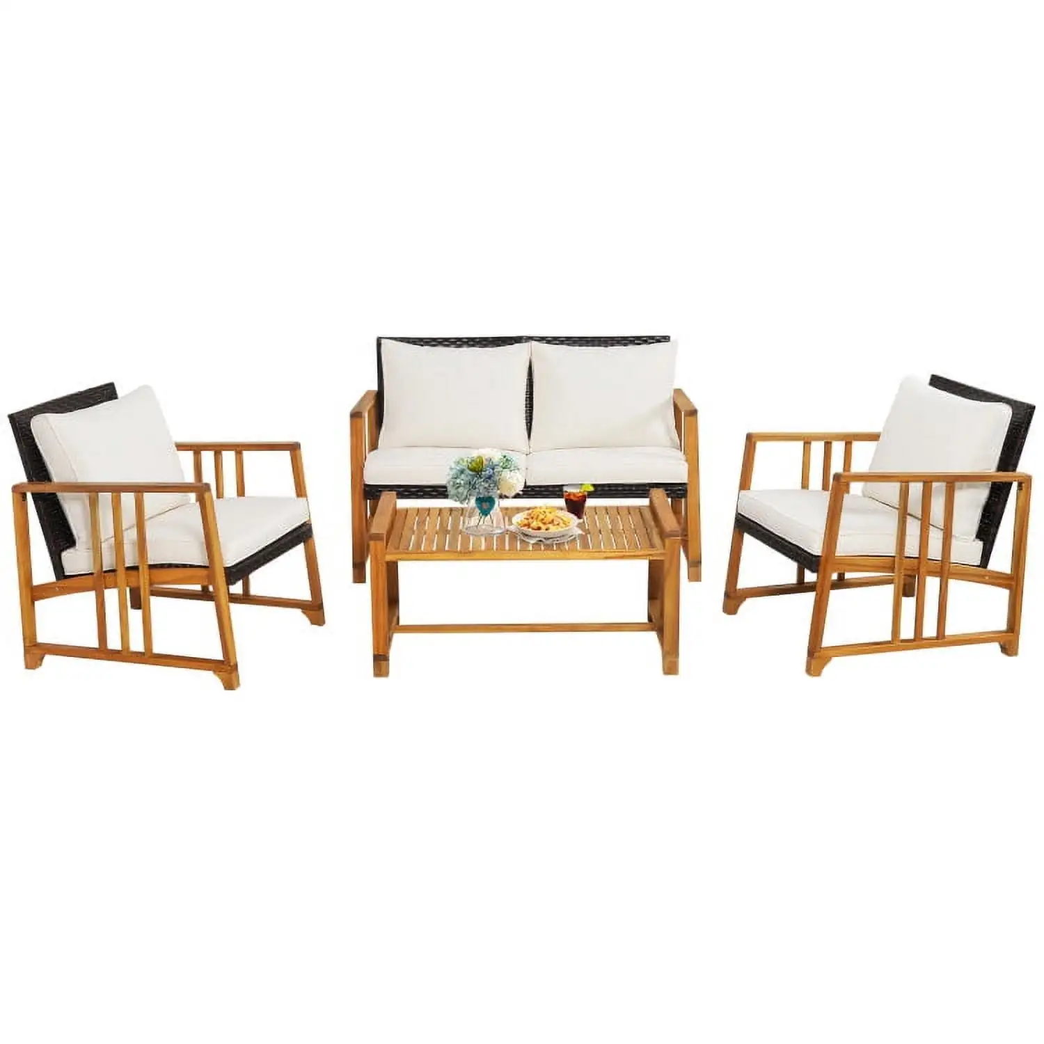 YYAo Outdoor Bistro Set. Outdoor Conversation Sets. 4 Pieces Patio Rattan Conversation Set with Seat and Back Cushions-Off White