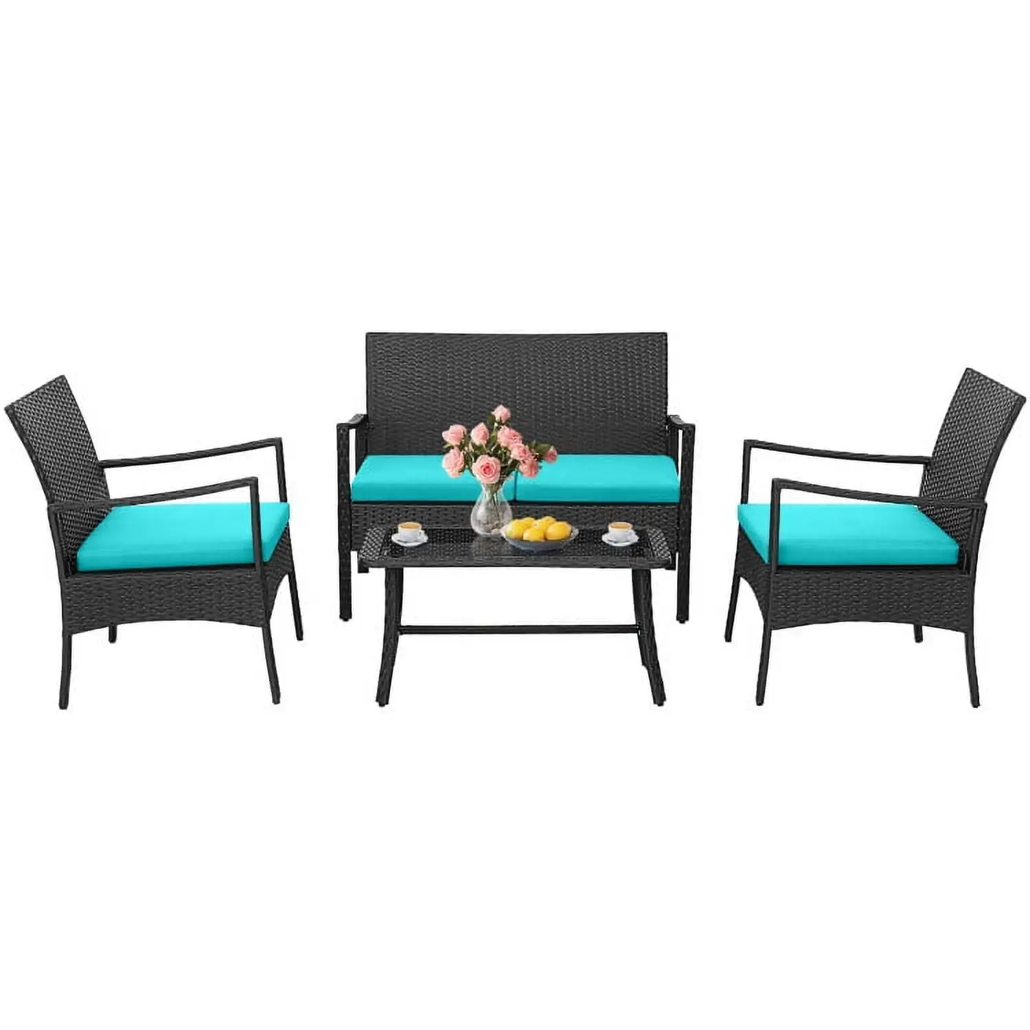 YYAo Outdoor Bistro Set. Outdoor Conversation Sets. 4 Pieces Rattan Conversation Set with Tempered Glass Coffee Table-Turquoise