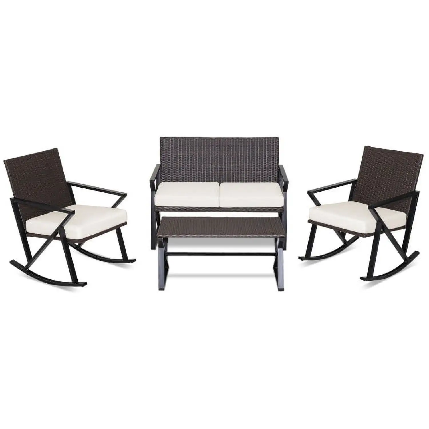 YYAo Outdoor Bistro Set. Outdoor Conversation Sets. 4 Pieces Rattan Patio Rocking Furniture Set with Loveseat and Coffee Table