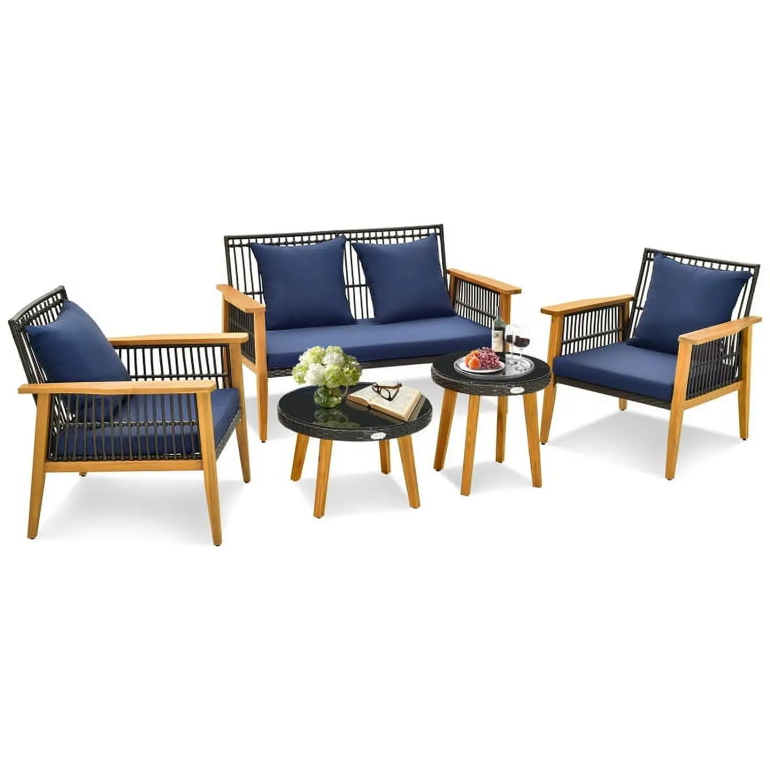 YYAo Outdoor Bistro Set. Outdoor Conversation Sets. 5 Piece Outdoor Conversation Set with 2 Coffee Tables for Backyard Poolside-Navy