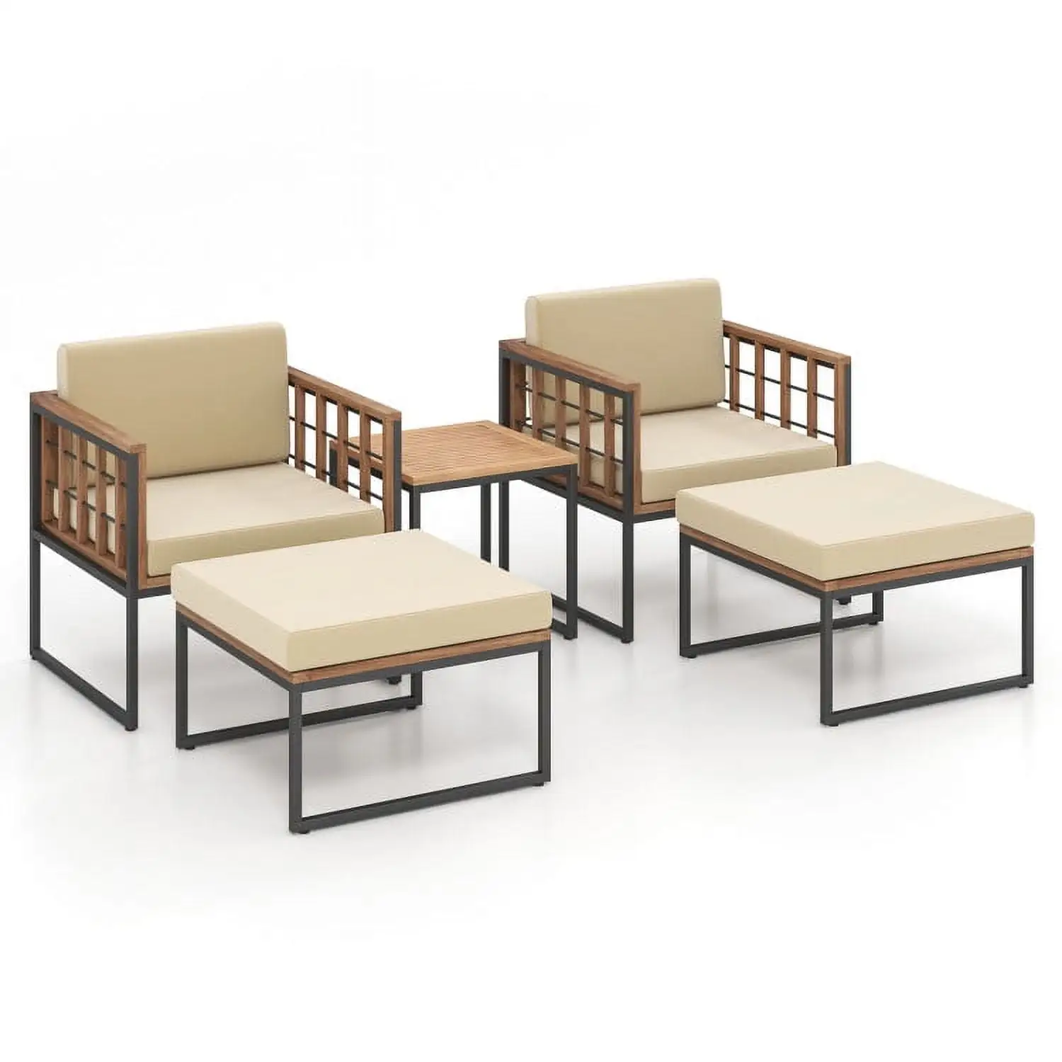 YYAo Outdoor Bistro Set. Outdoor Conversation Sets. 5 Piece Outdoor Furniture Set Acacia Wood Chair Set with Ottomans and Coffee Table-Beige