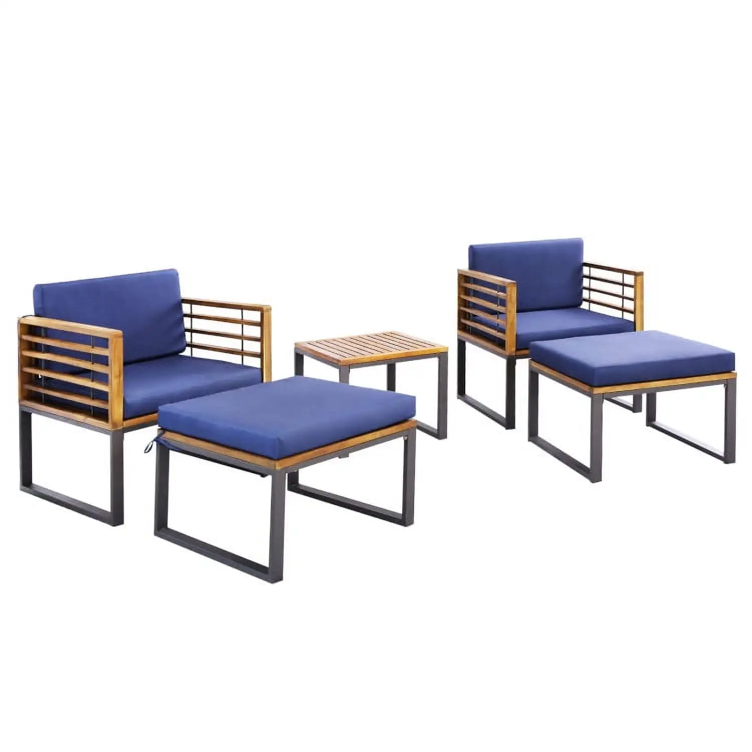 YYAo Outdoor Bistro Set. Outdoor Conversation Sets. 5 Piece Patio Acacia Wood Chair Set with Ottomans and Coffee Table-Navy