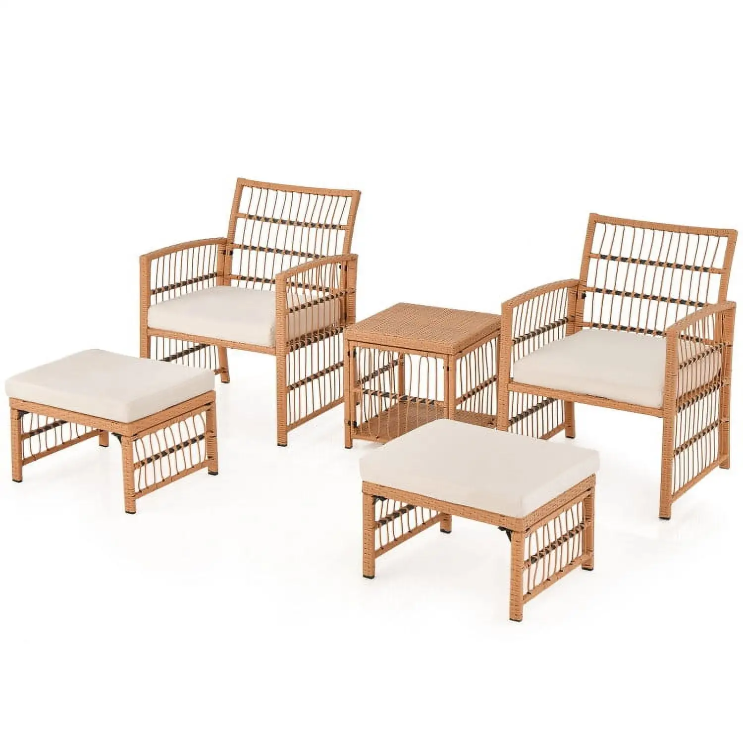 YYAo Outdoor Bistro Set. Outdoor Conversation Sets. 5 Piece Patio Wicker Sofa Set with Seat and Back Cushions-Natural