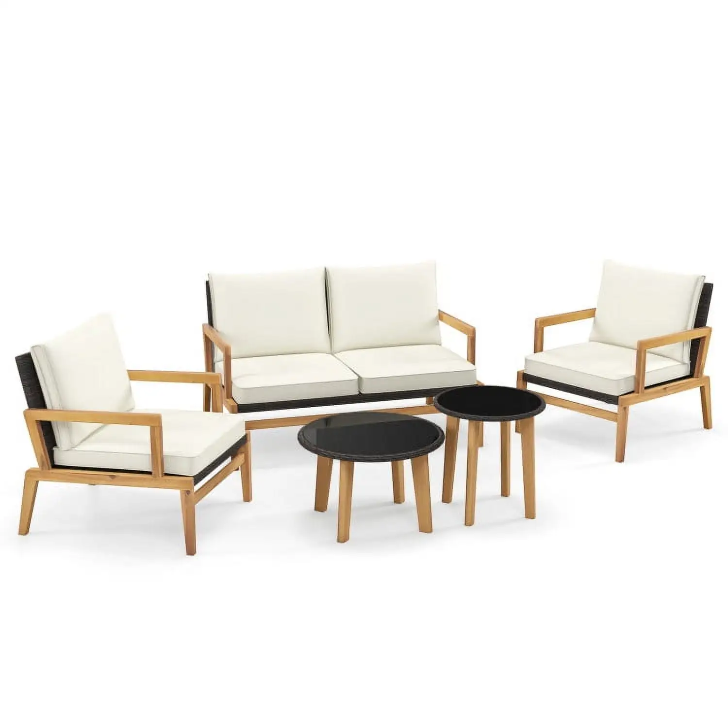 YYAo Outdoor Bistro Set. Outdoor Conversation Sets. 5 Piece Rattan Furniture Set Wicker Woven Sofa Set with 2 Tempered Glass Coffee Tables-Off White