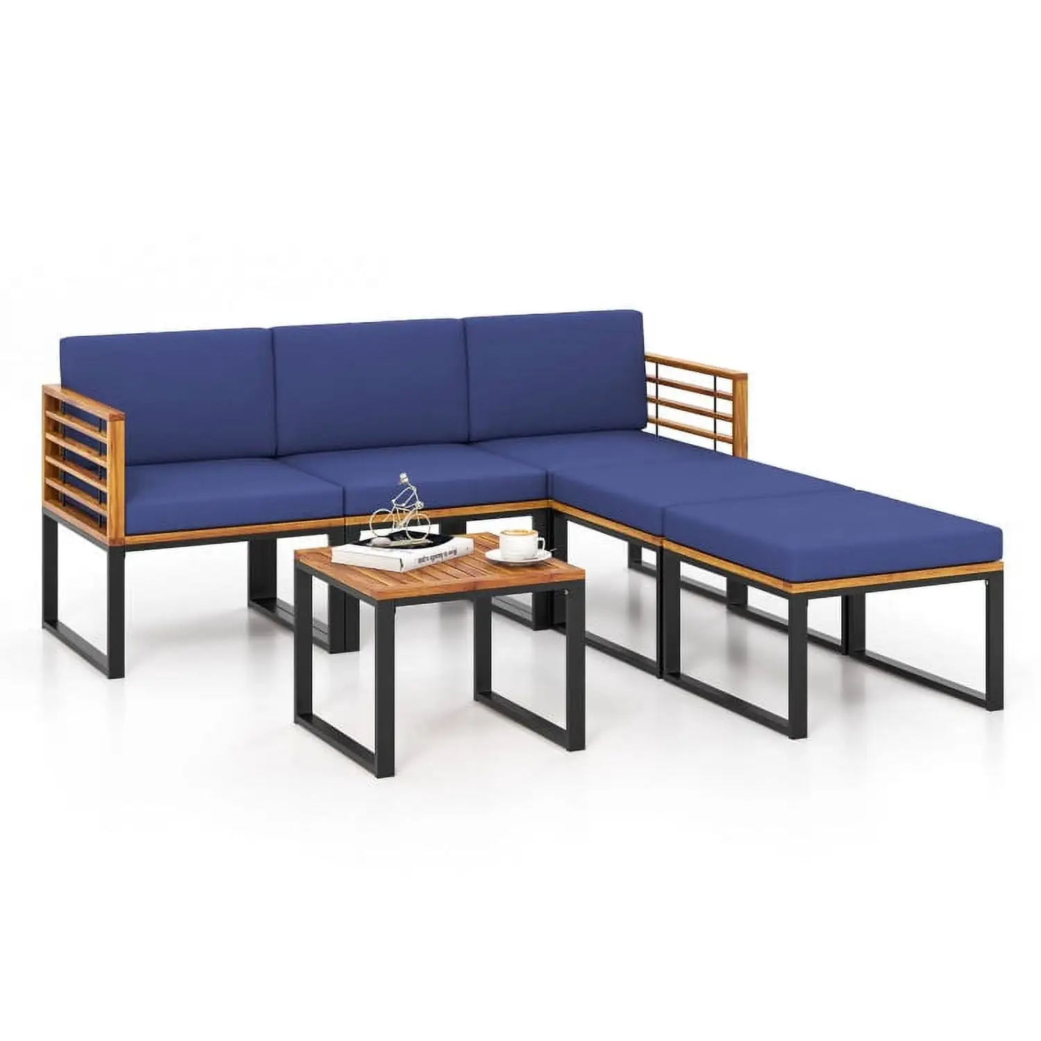 YYAo Outdoor Bistro Set. Outdoor Conversation Sets. 6 Piece Patio Acacia Wood Conversation Sofa Set with Ottomans and Coffee Table-Navy