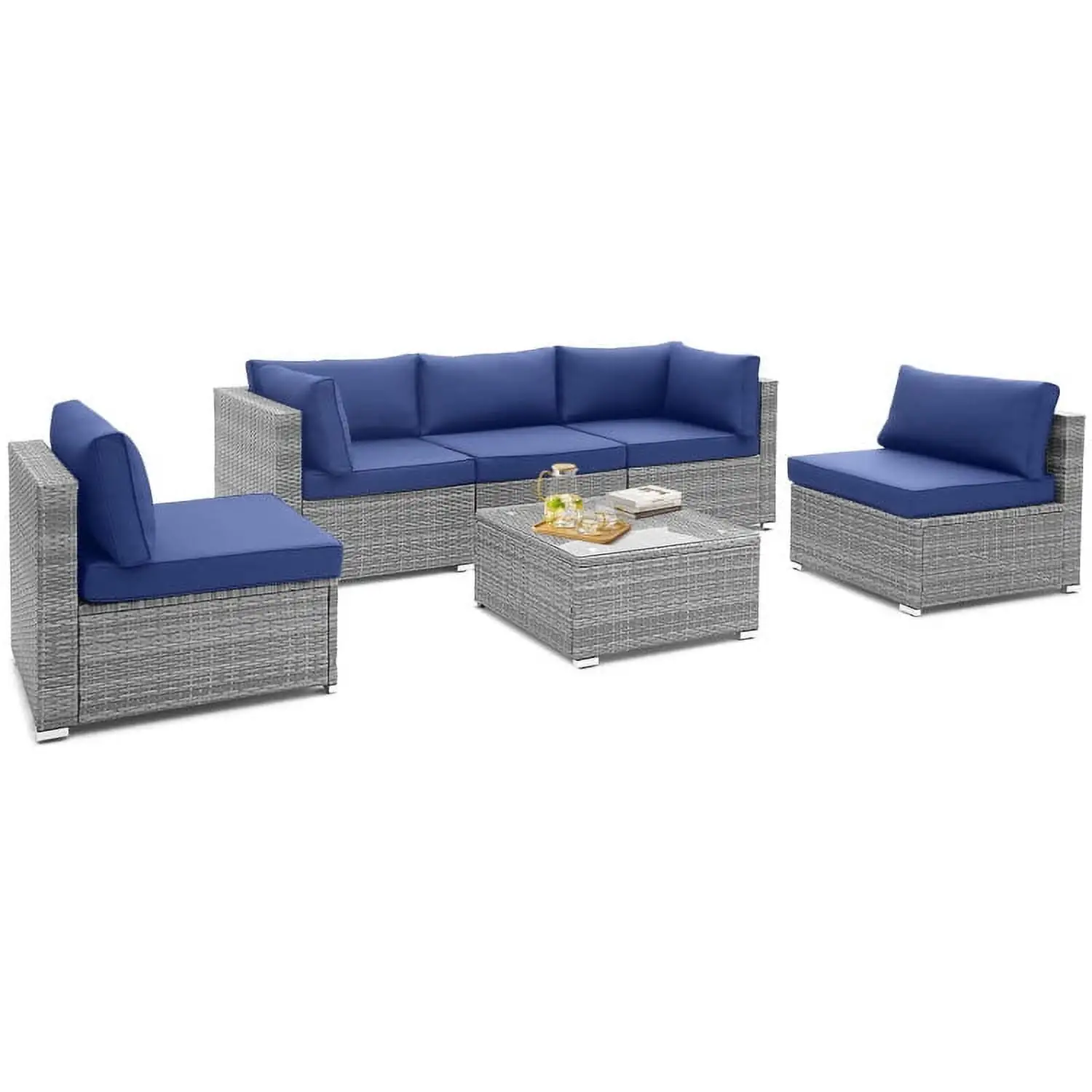 YYAo Outdoor Bistro Set. Outdoor Conversation Sets. 6 Piece Patio Conversation Sofa Set with Tempered Glass Coffee Table-Navy