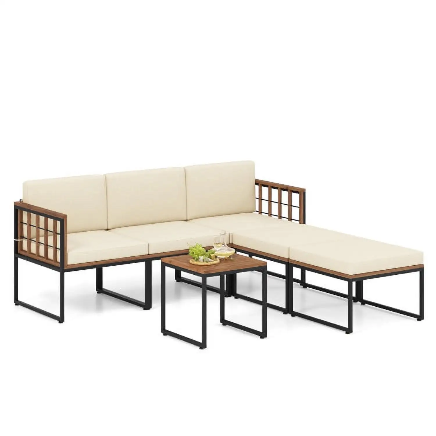 YYAo Outdoor Bistro Set. Outdoor Conversation Sets. 6 Pieces Acacia Wood Patio Furniture Set with Coffee Table and Ottomans-Beige