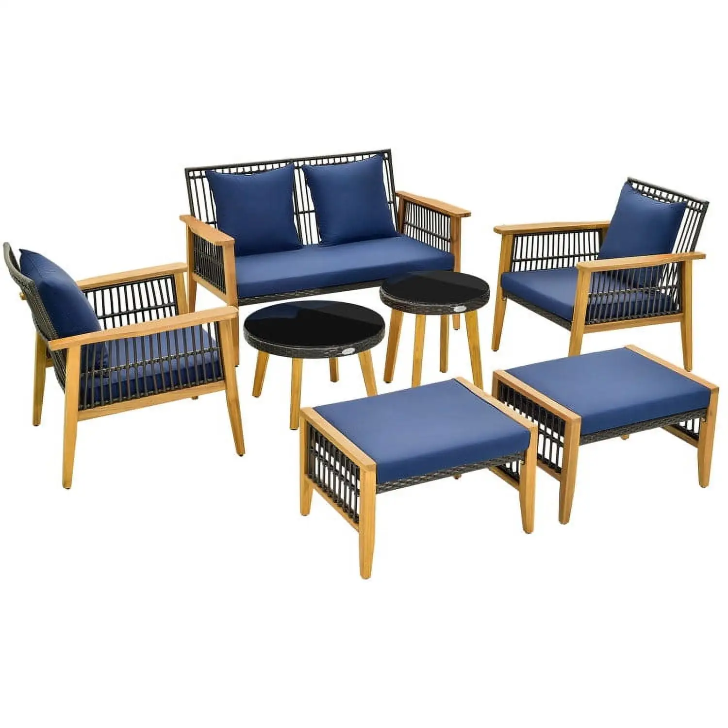 YYAo Outdoor Bistro Set. Outdoor Conversation Sets. 7 Piece Outdoor Conversation Set with Stable Acacia Wood Frame Cozy Seat & Back Cushions-Navy