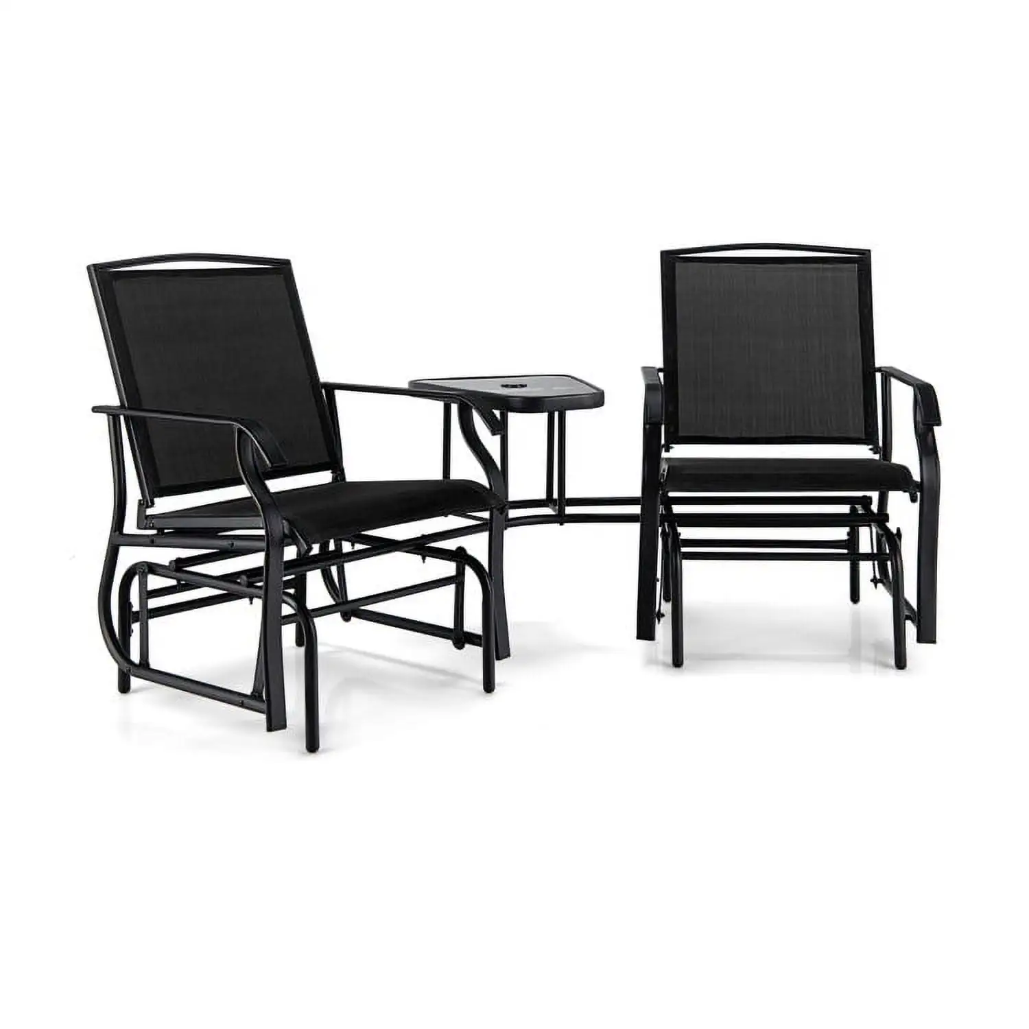 YYAo Outdoor Bistro Set. Outdoor Conversation Sets. Double Swing Glider Rocker Chair set with Glass Table-Black