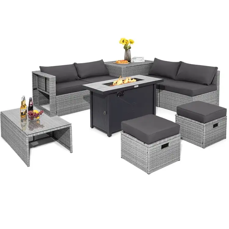 YYAo Patio Furniture Sets. Outdoor Bistro Conversation Set. 9 Pieces Patio Furniture Set with 42 Inches 60000 BTU Fire Pit-Gray