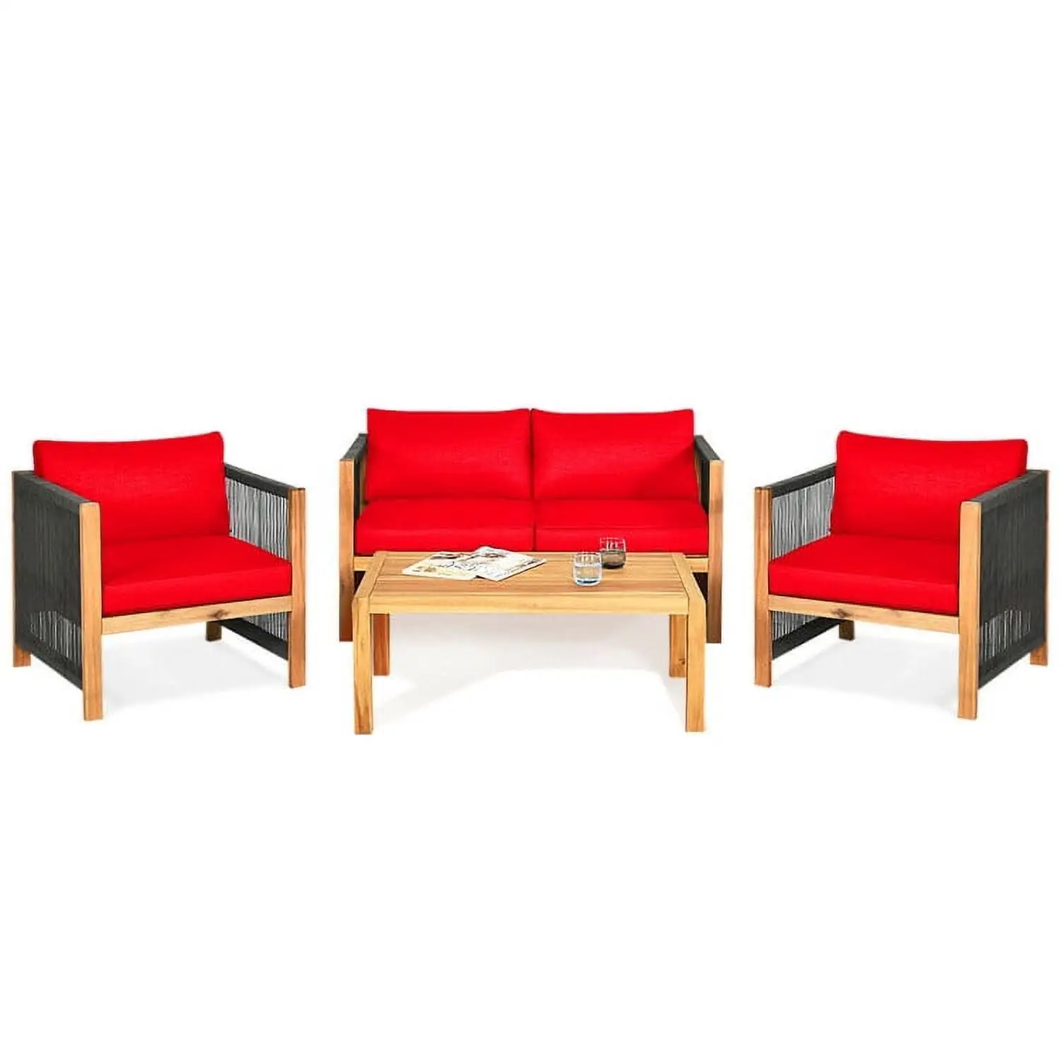 YYAo Sofa Couch Conversation Sets. Outdoor Bistro Set. 4 Pieces Wicker Patio Conversation Set Patio Furniture Set with Rattan Chair Loveseats Coffee Table. Red