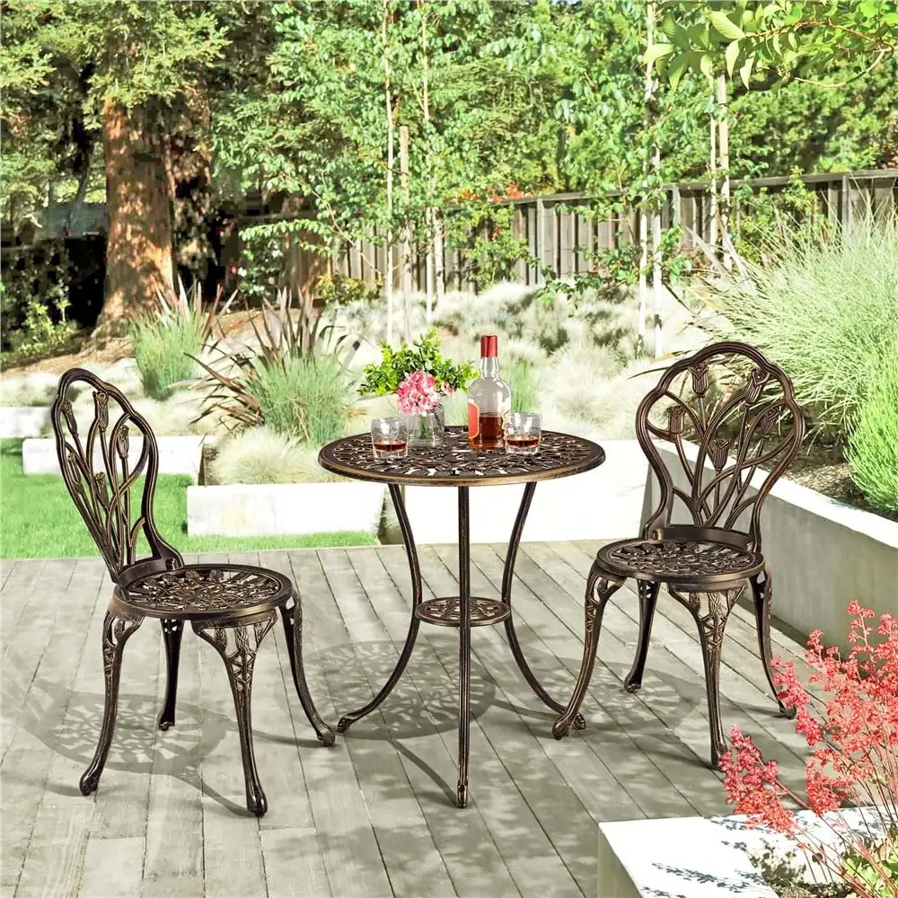 Yaheetech 3 Piece Outdoor Bistro Set with Umbrella Hole Aluminium Table Set Bronze