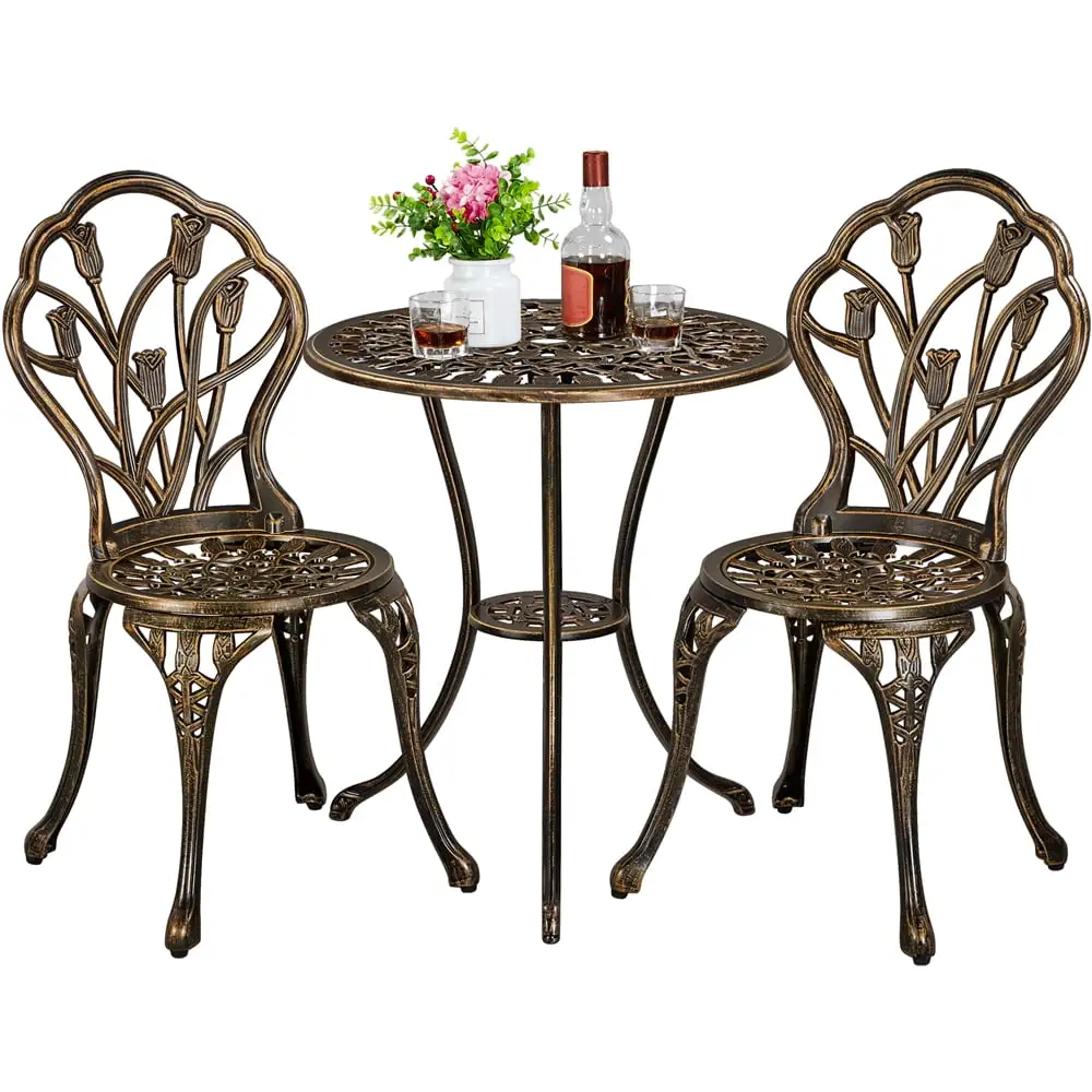 Yaheetech 3 Piece Patio Set Outdoor Patio Furniture Tulip Design Setting Cast Bistro Table Chair. Aluminum. Bronze