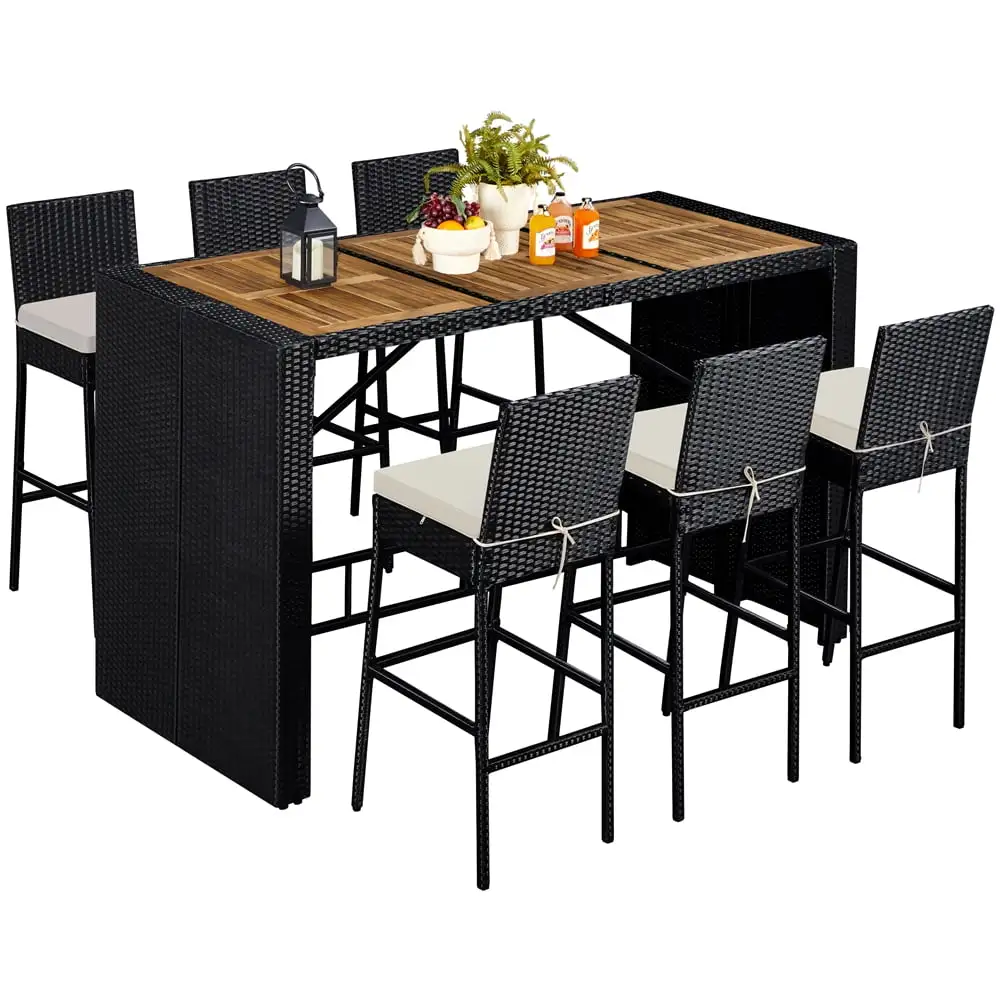 Yaheetech 7-Piece Patio Wicker Furniture Set with Wood Table Top & Removable Cushion. Black/Beige