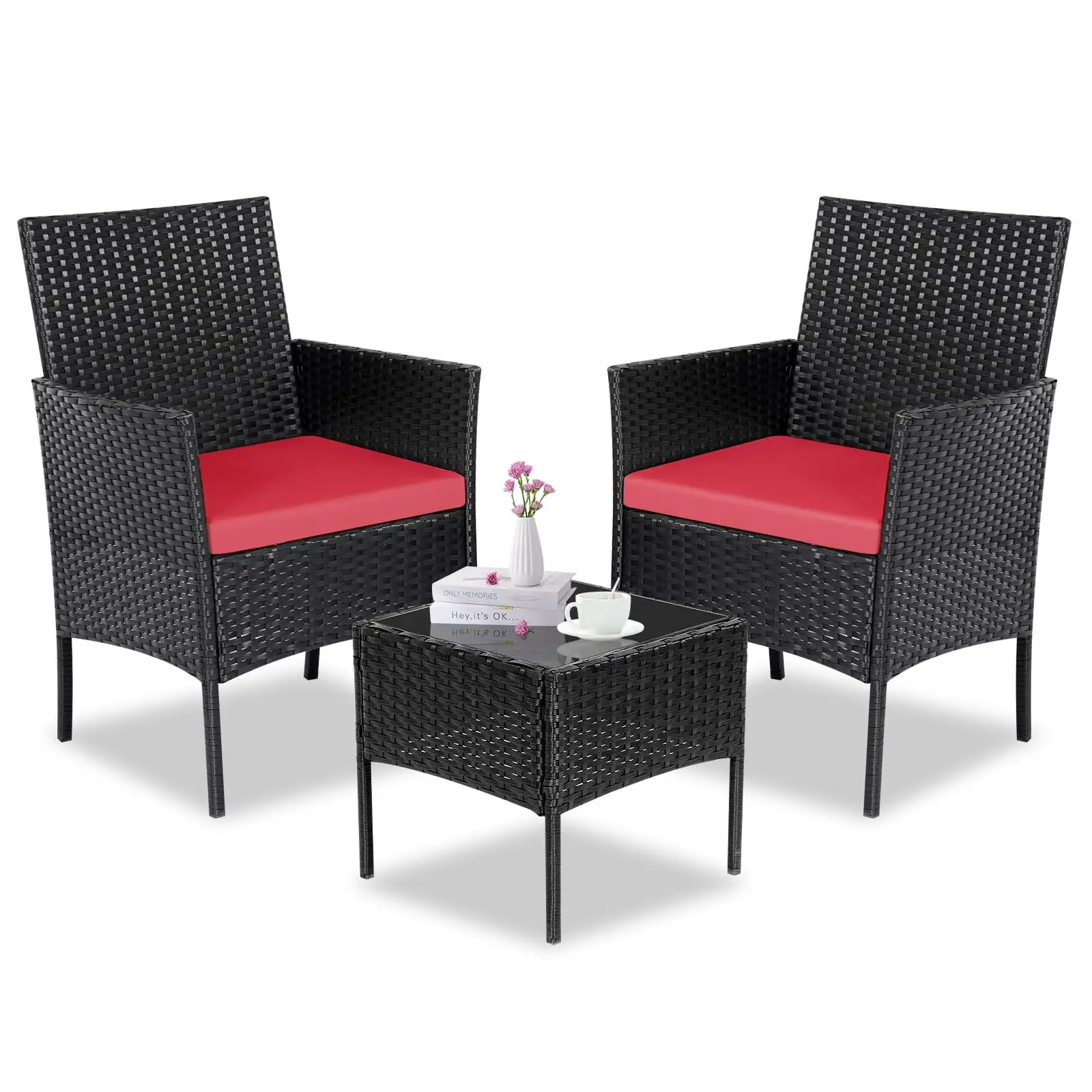 Yangming PE Rattan Conversation Set for Backyards and Lawns. Black+ Red