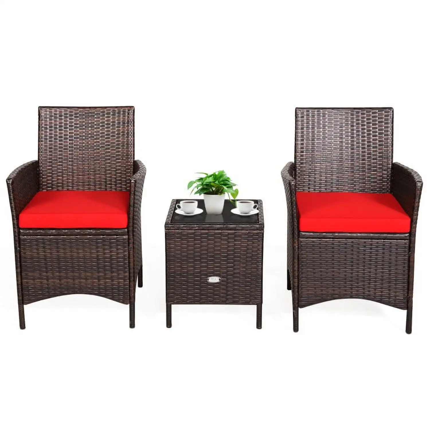 Yardi Yard 3 Pieces Patio Rattan Furniture Set. Outdoor Furniture Garden Conversation Bistro Sets with Cushioned Sofa and Glass Tabletop Deck-Red