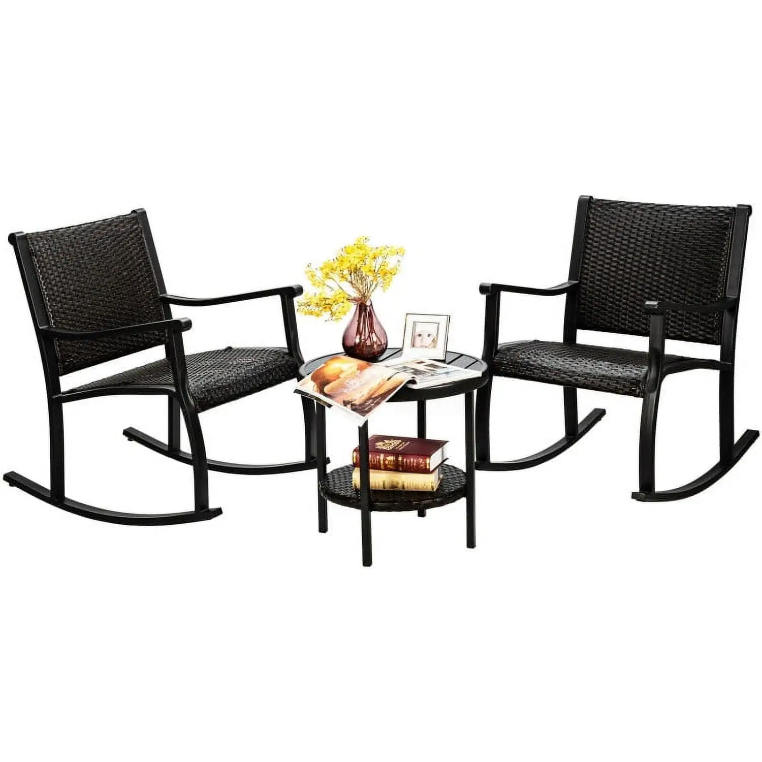 Yardi Yard 3 Pieces Patio Rattan Furniture Set. Outdoor Furniture Garden Conversation Bistro Sets with with Coffee Table and Rocking Chairs