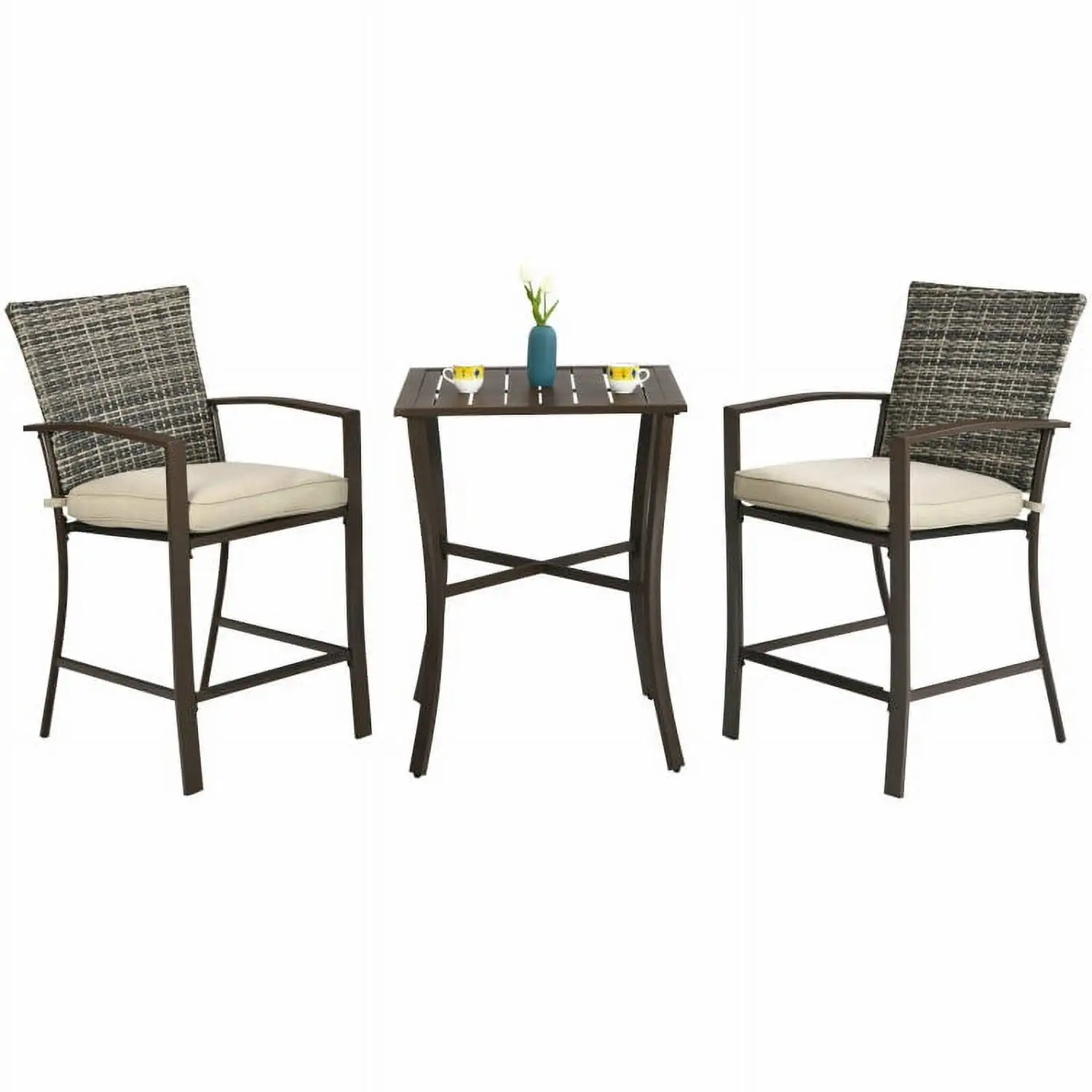 Yardi Yard 3 Pieces Rattan Bar Furniture Set with Slat Table and 2 Cushioned Stools-Brown. Outdoor Furniture Chairs for Backyard. Porch. Garden. Poolside