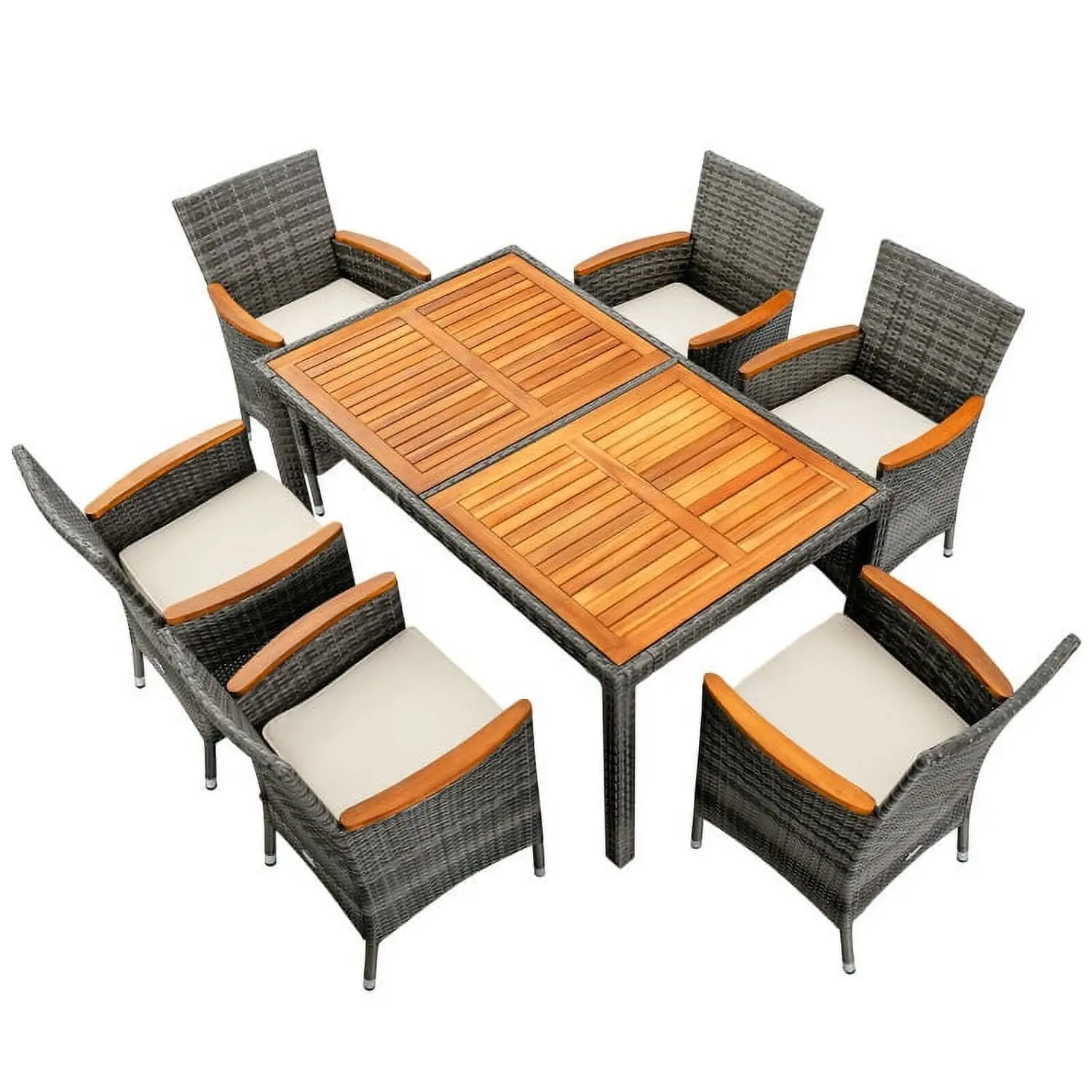 Yardi Yard 7 Pieces Patio Acacia Wood Cushioned PE Rattan Wicker Dining Set. Patio Seating Conversation Set. Modern Patio Chair Sectional All Weather Proof for Patio Back Deck