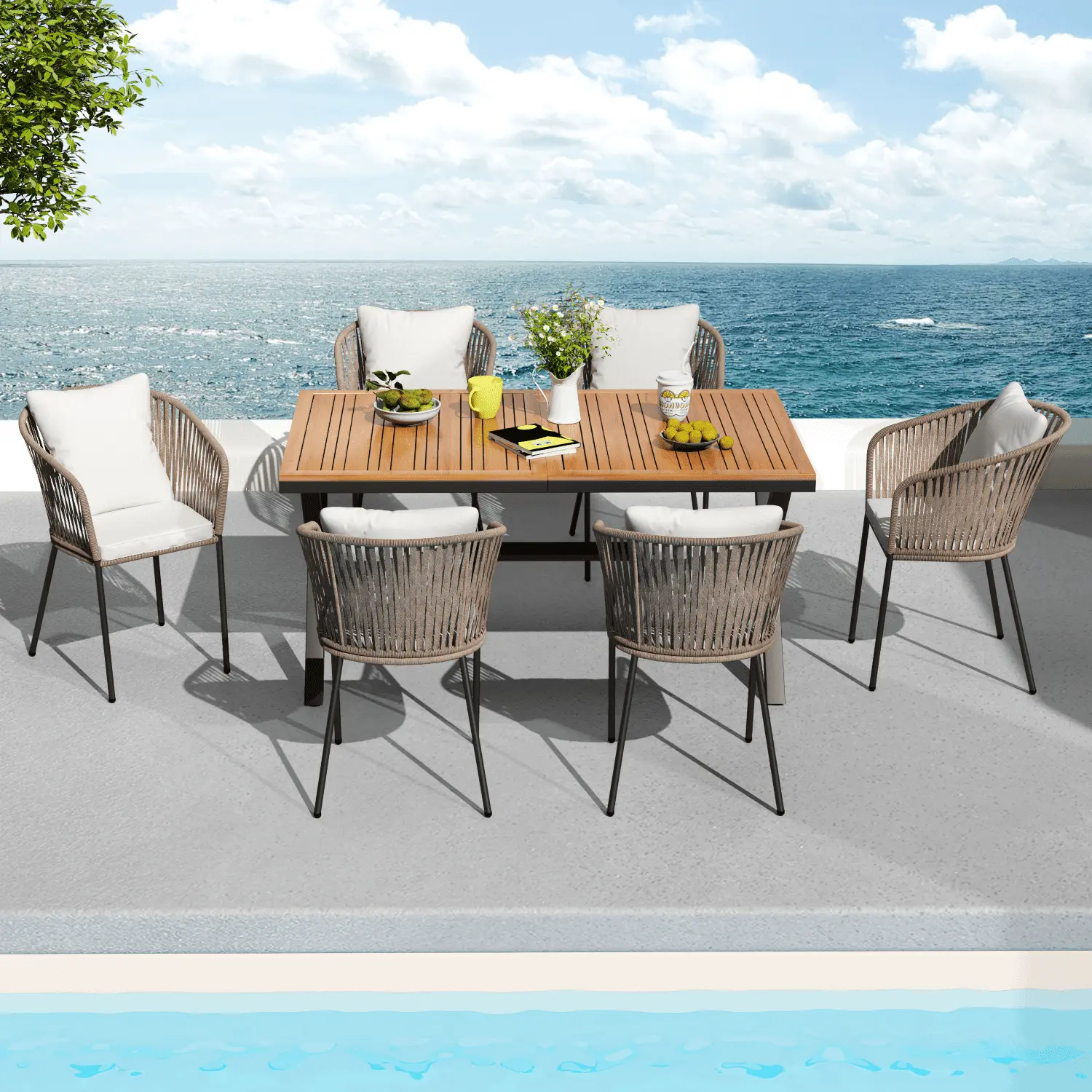 Yardi Yard 7 Pieces Patio Dining Set. All-Weather Patio Furniture Set with Dining Table and Chairs. Acacia Wood Tabletop. Metal Frame. for for Garden. Backyard. Balcony. Beige