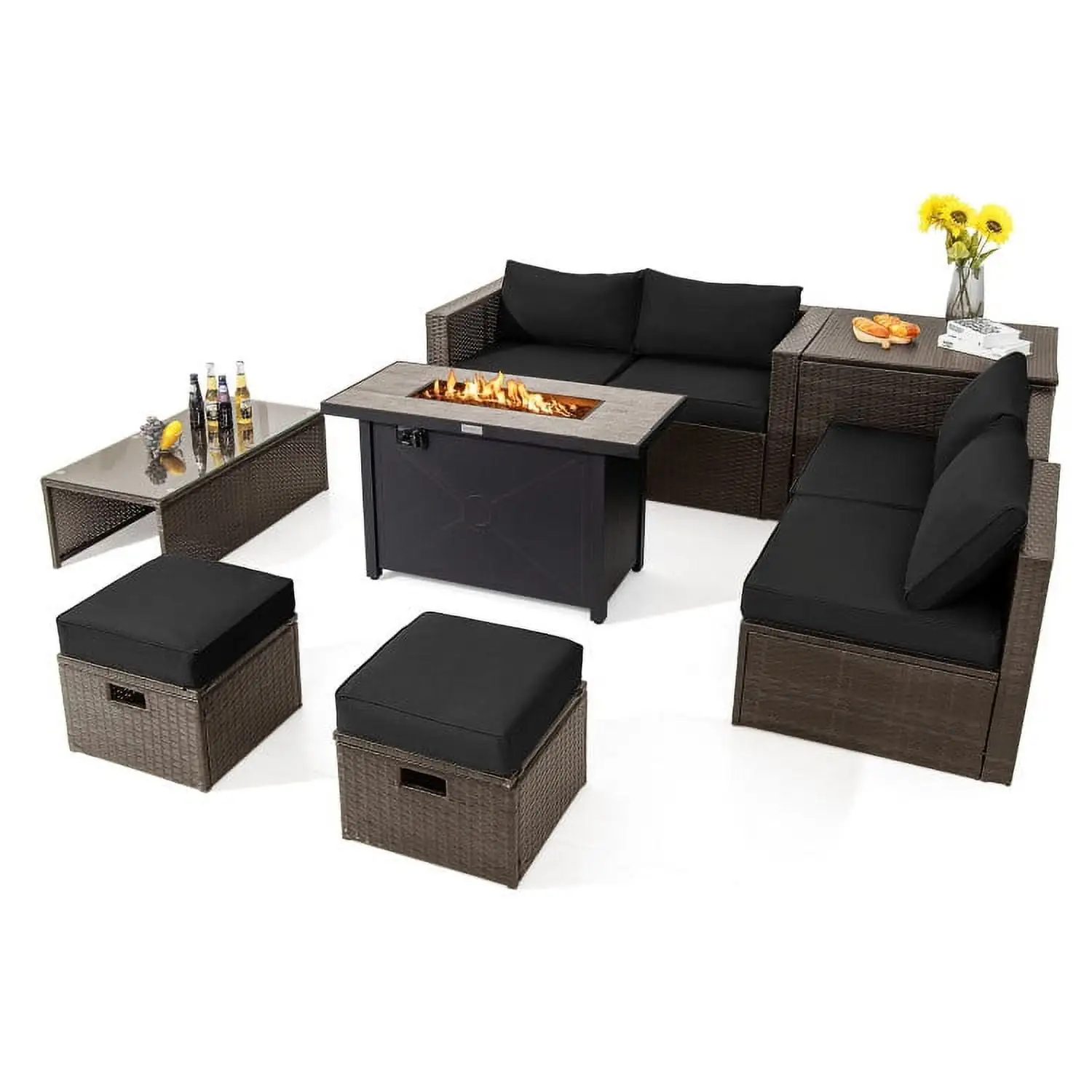 Yardi Yard 9 Pieces Outdoor Patio Furniture Set with 42 Inch Propane Fire Pit Table-Black. Outdoor Sofa Sectional . Coffee Table for Patio Back Deck. Balcany. Poolside