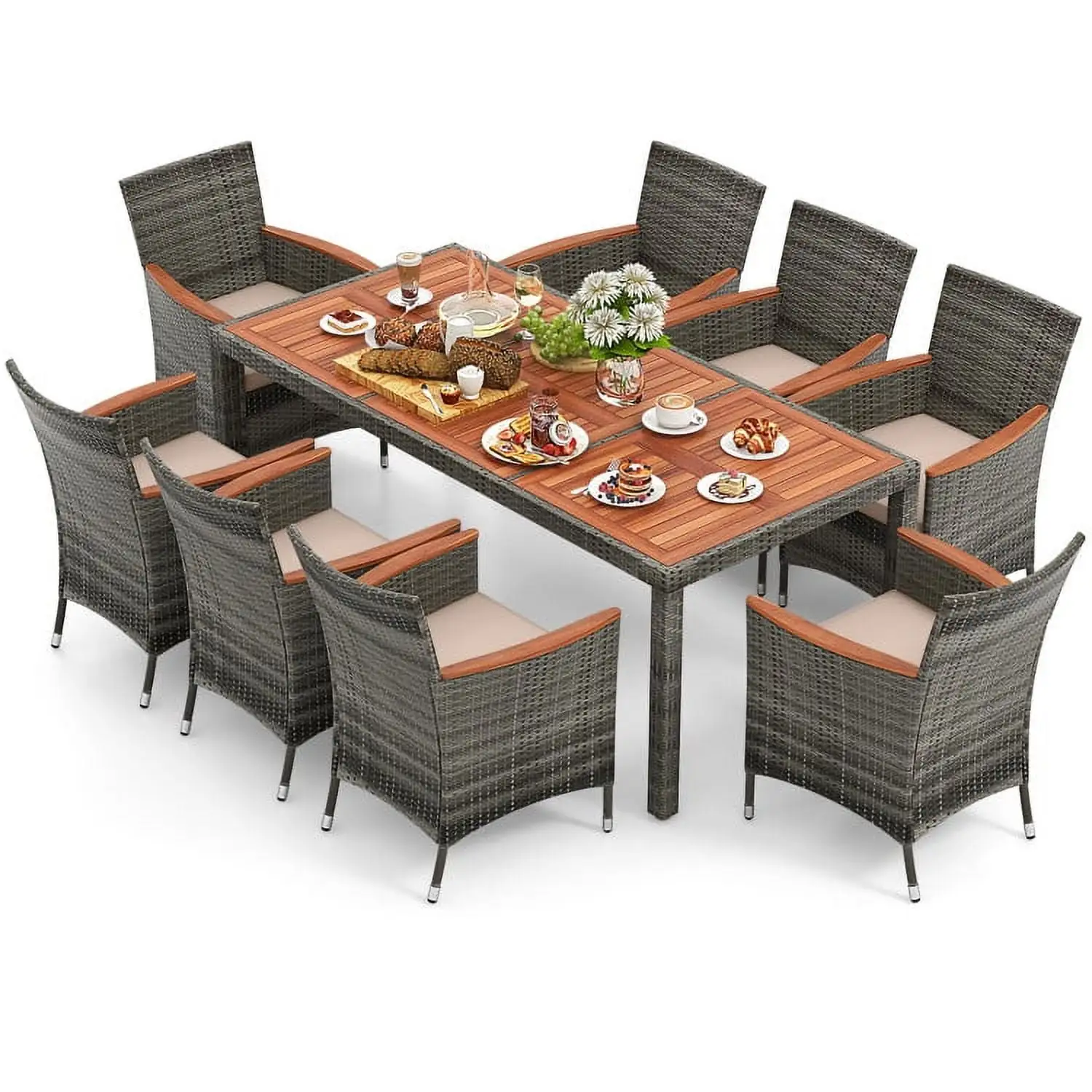 Yardi Yard 9 Pieces Rattan Patio Dining Set with Acacia Wood Table and Cushioned Chair. Patio Seating Conversation Set. Modern Patio Chair Sectional All Weather Proof for Patio Back Deck