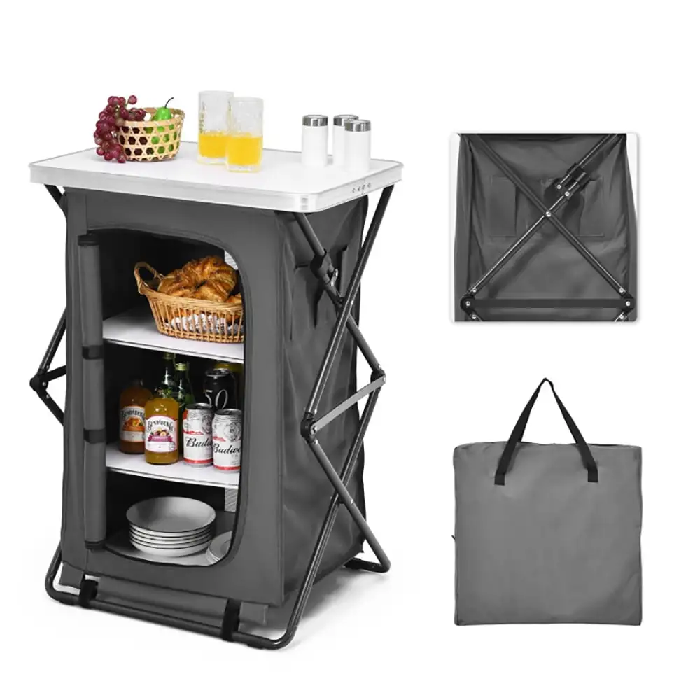 Yardi Yard Folding Camping Storage Cabinet with 3 Shelves and Carry Bag-M. Outdoor Camping Pop Up Folding Table with Large 3-Tier Storage Organizer and Side Pockets. Easy Set