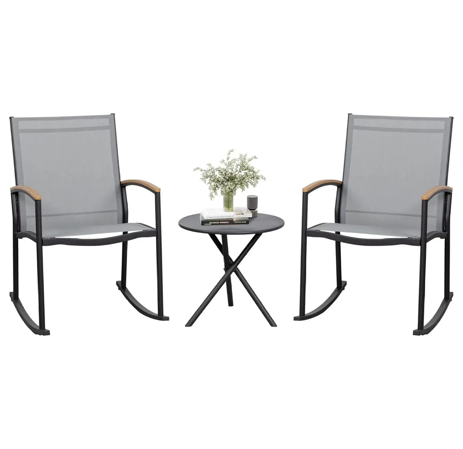 YeSayH 3 Pieces Patio Set Outdoor Patio Furniture Sets. Modern Rocking Bistro Set Textilene Chair Conversation Sets with Detachable Pedal and Coffee Table. Light Gray