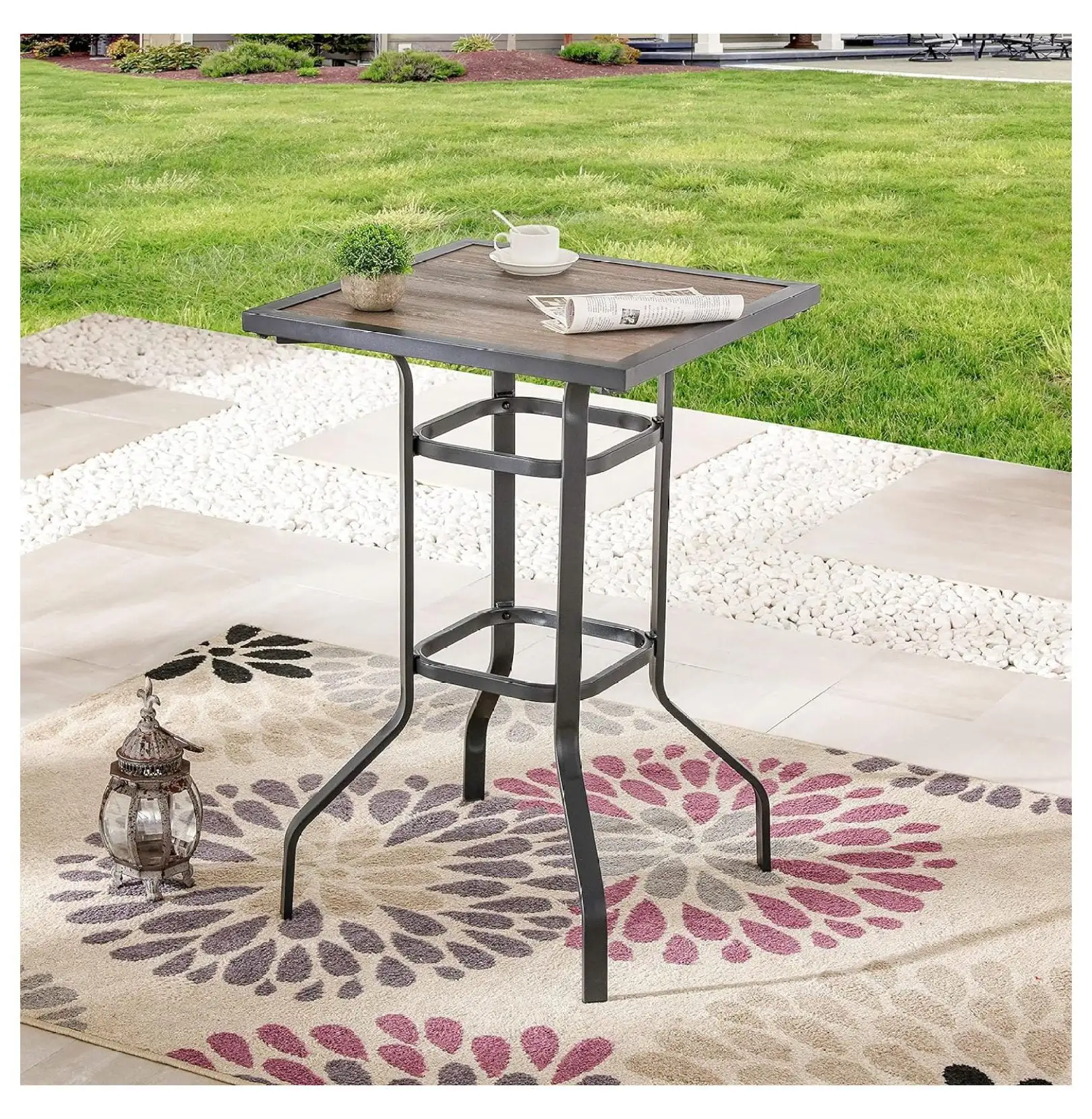 YeSayH Outdoor Square Bar Patio Metal Height Bistro Table with Wood-Like Top. Black