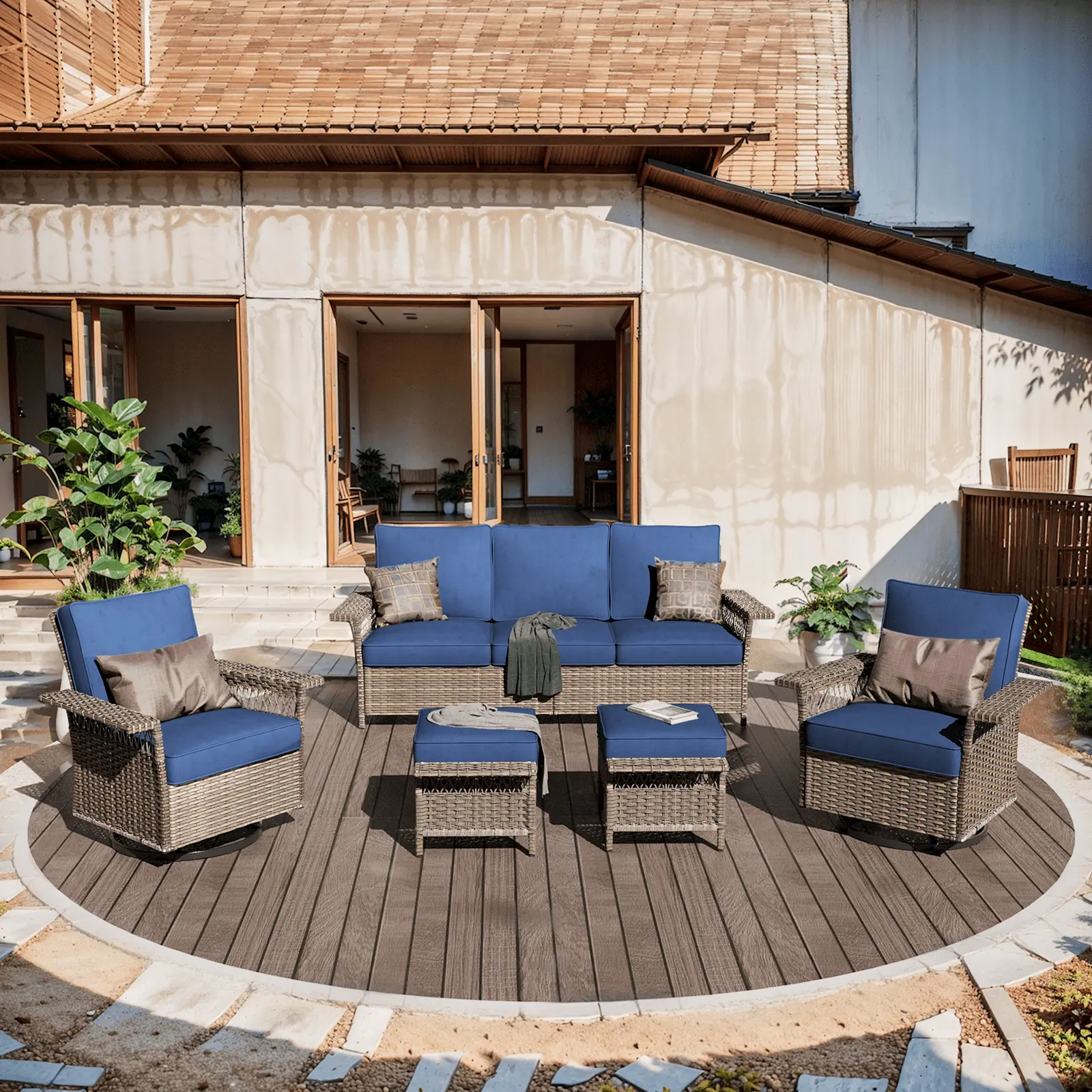 Yeahumalia 5 Pieces Patio Furniture Sets. Wicker Rattan 3-Seat Sofa with Cushions + 2pcs Swivel Rocker Chairs with Cushions + 2 Pieces Assembled Ottomans with Cushions. Outdoor Conversation Sets. Navy