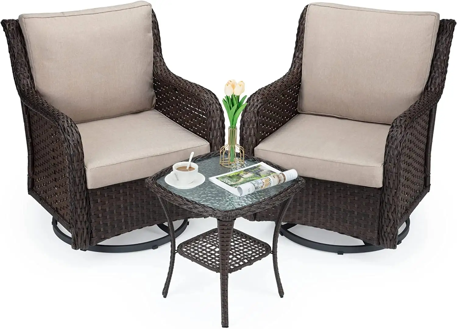 Yesfashion Outdoor 360?? Swivel Rocker Rattan Chair Patio Chairs Set of 2 and Matching End Table. 3 Pieces Wicker Patio Bistro Set Brown