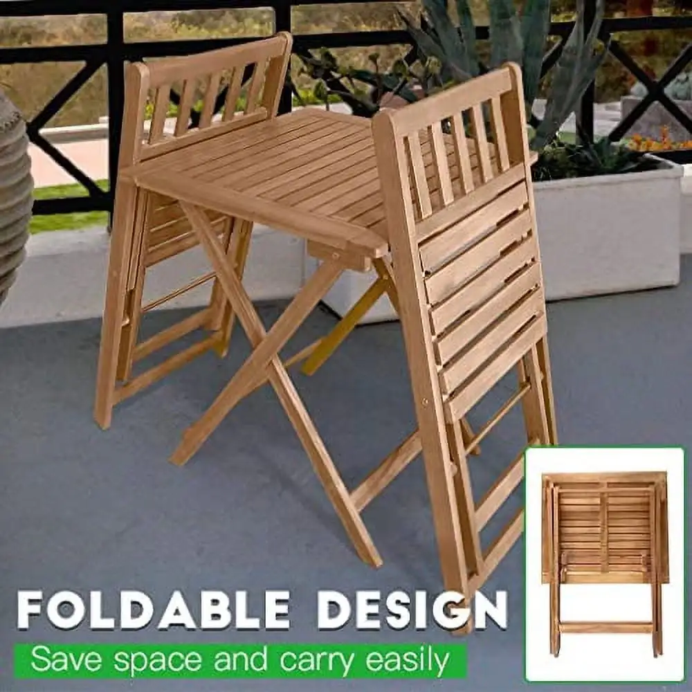 Yewuli Bistro Set 3 Piece Outdoor Folding Patio Chairs Wooden Folding Chairs. Bistro Cafe Table and Chairs Set of 2 Small Patio Set with Square Folding Table. Natural Acacia Wood