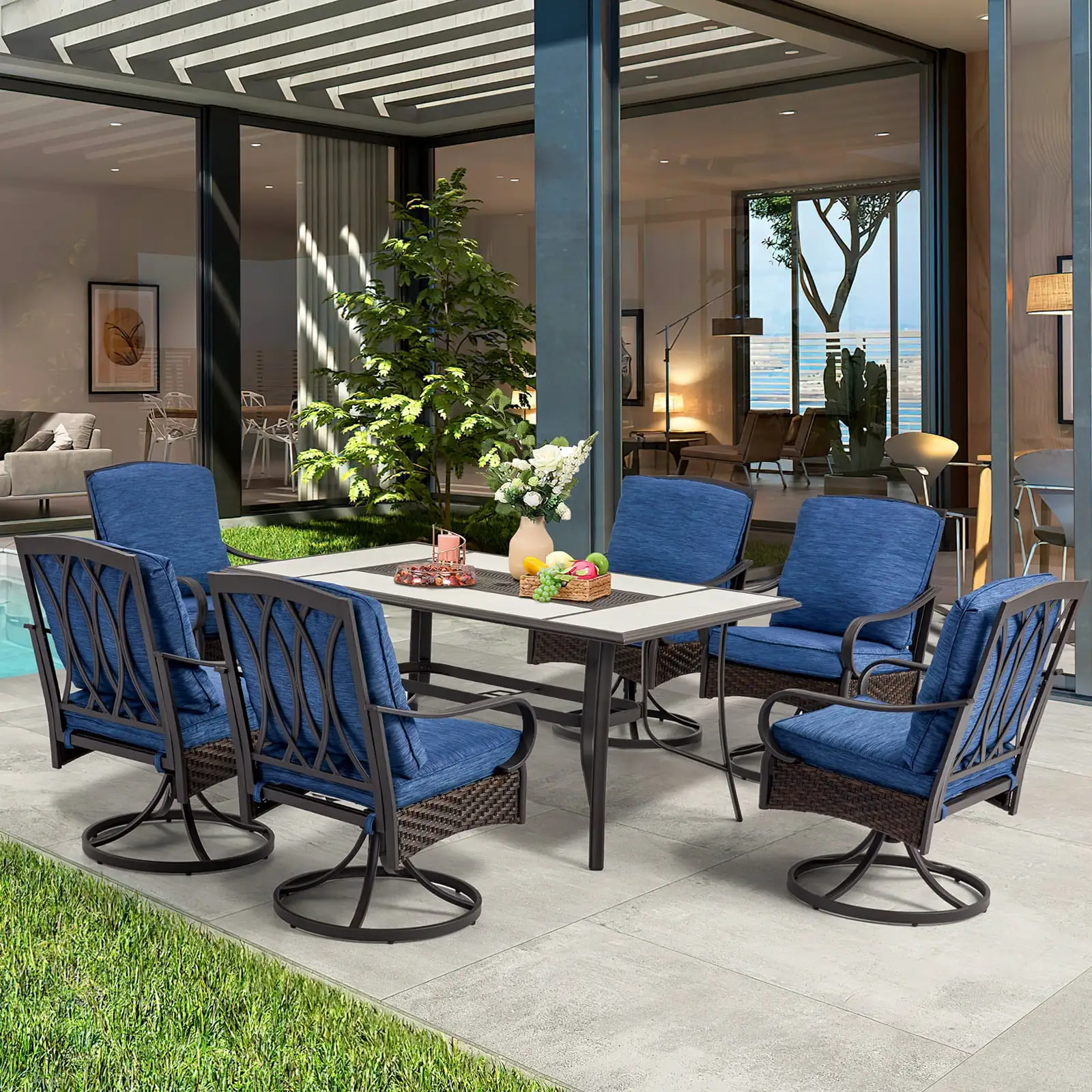 Yoleny 7-Piece Outdoor Patio Dining Set. Outdoor Dining Furniture Set with Cushion and Stitching Stripes. Blue