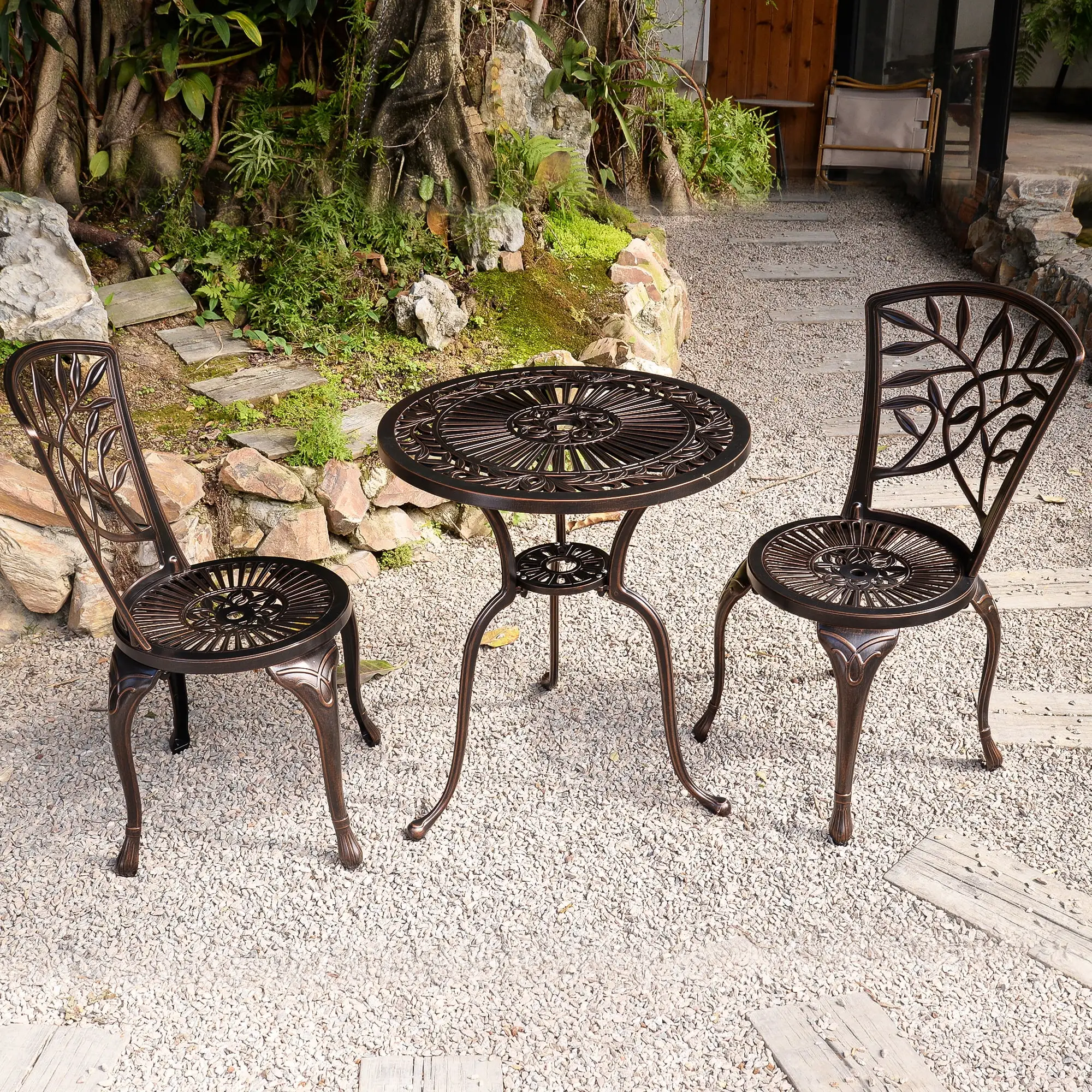 Yoneston 3-Piece Outdoor Patio Furniture Cast Aluminum Olive Designed Bistro Set Dining Table and Chairs for Garden ?C Vintage Bronze