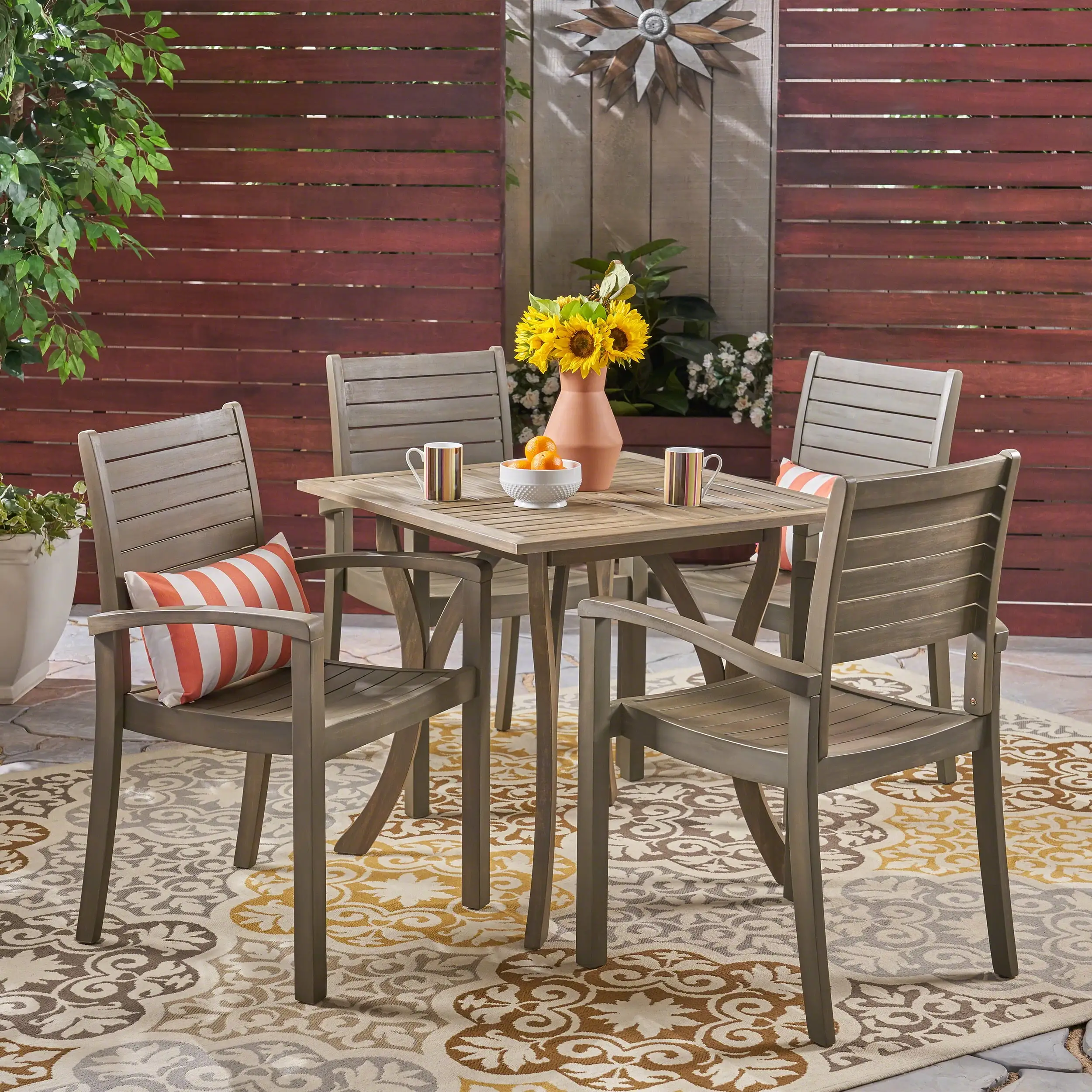 York Outdoor 5 Piece Acacia Wood Square Dining Set. Gray