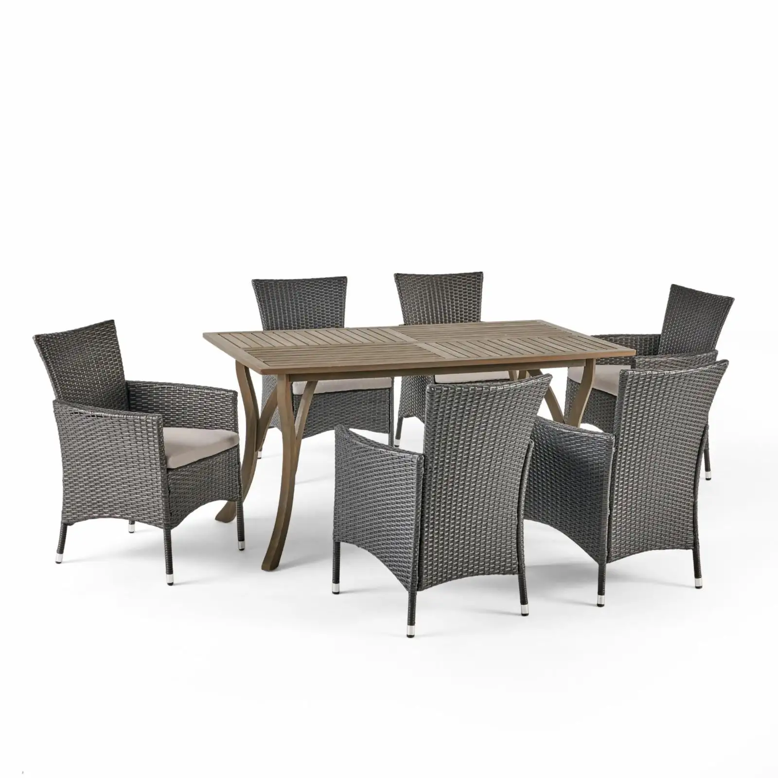 Yuri Outdoor 7-Piece Wood and Wicker Dining Set - Teak and Multibrown with Beige