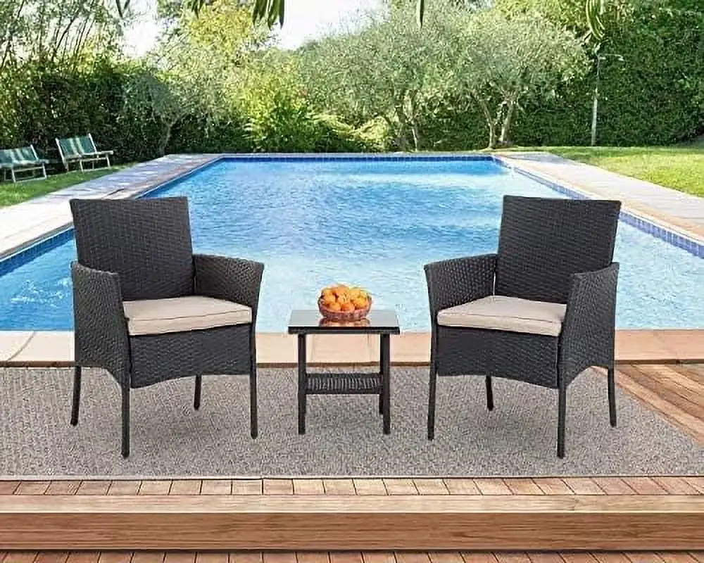 ZFGSUIJN 3 Pieces Patio Sets Outdoor Wicker Clearance Rattan Chairs Patio Set Conversation Sets with Coffee Table for Porch Poolside Balcony Garden Lawn Black