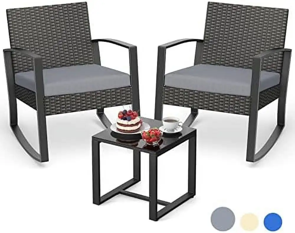 ZFGSUIJN 3 Pieces Wicker Patio Set Outdoor Rocking Chair Sets with Cushion Porch Set with Glass Table Modern Rattan Conversation Sets for Porches and Balcony Grey Cushion