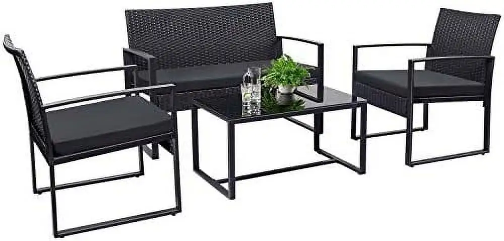 ZFGSUIJN 4 Pieces Patio Set Outdoor Patio Conversation Sets Modern Porch Lawn Chairs with Glass Coffee Table for Home Garden Backyard Balcony (Black)