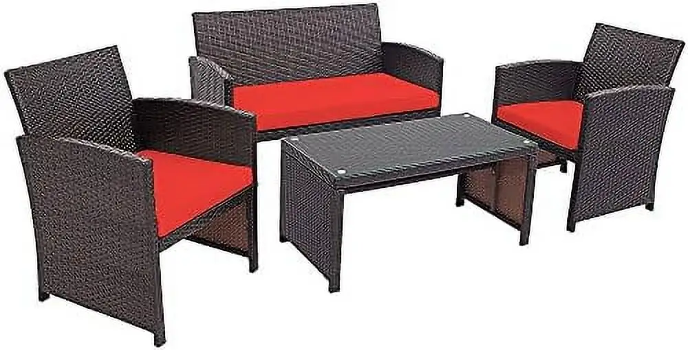 ZFGSUIJN 4 Pieces Wicker Patio Set Outdoor PE Rattan Conversation Set with Chairs Loveseat Coffee Table Cushions for Poolside Red