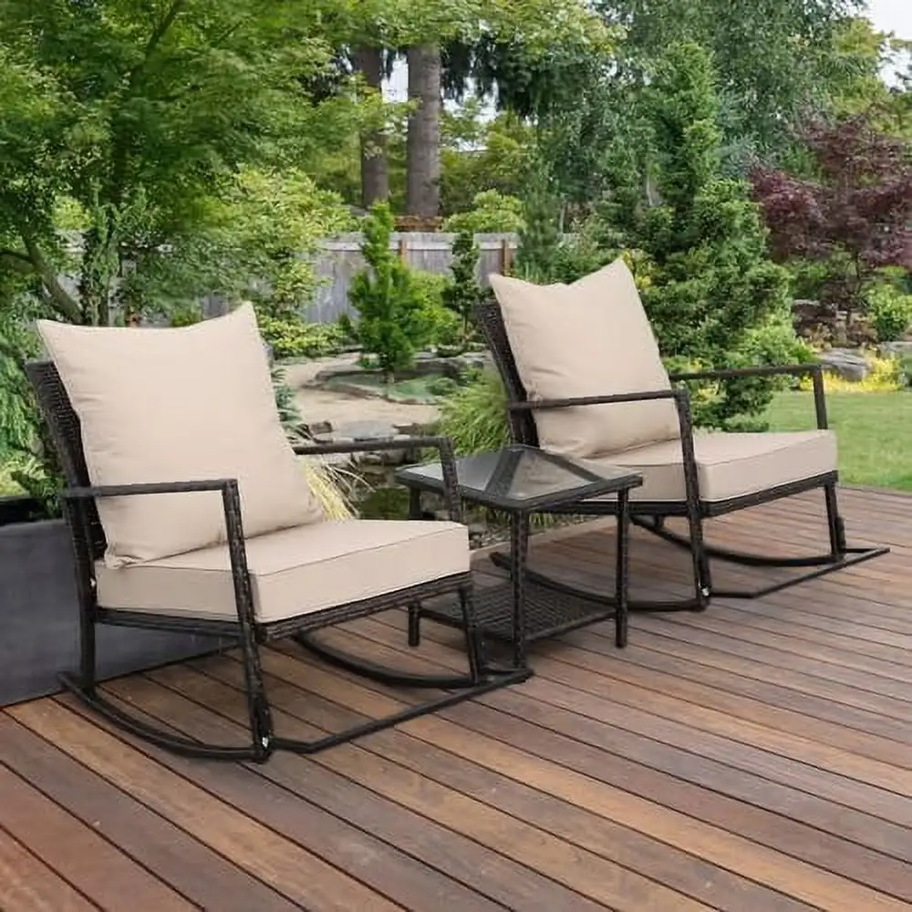 ZFGSUIJN Outdoor 3 Piece Patio Set Outdoor Rocking Chairs Patio Conversation Sets 2 Patio Chairs Patio Table Wicker Patio with Non-Slip Cushions Khaki