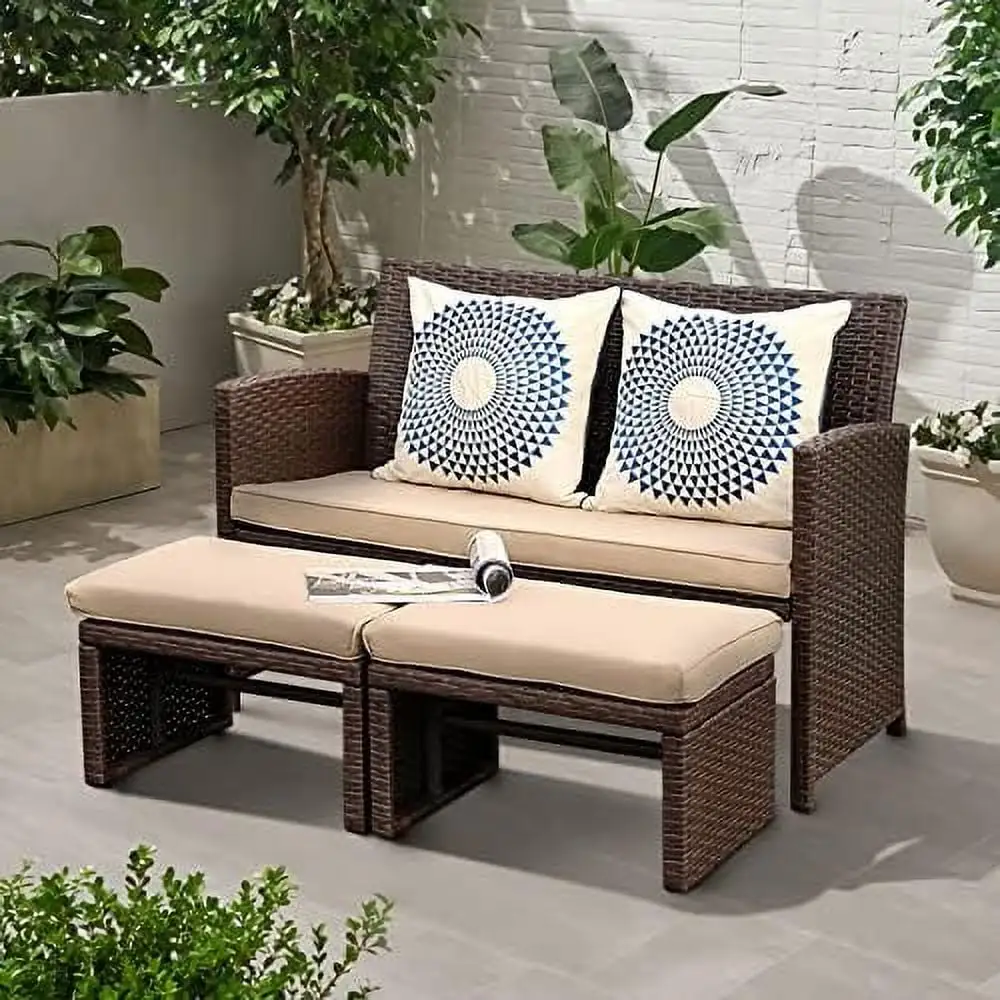 ZFGSUIJN Outdoor Loveseat 3 Piece Patio Set Outdoor Conversation Set All-Weather Wicker Love Seat with Ottoman/ Brown Rattan Blue