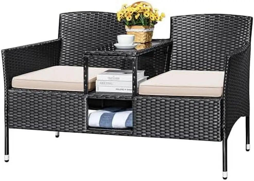 ZFGSUIJN Outdoor Patio Loveseat Modern Rattan 2-Seat Patio Conversation Set with Cushions & Built-in Coffee Table Porch for Garden Lawn Backyard (Beige)