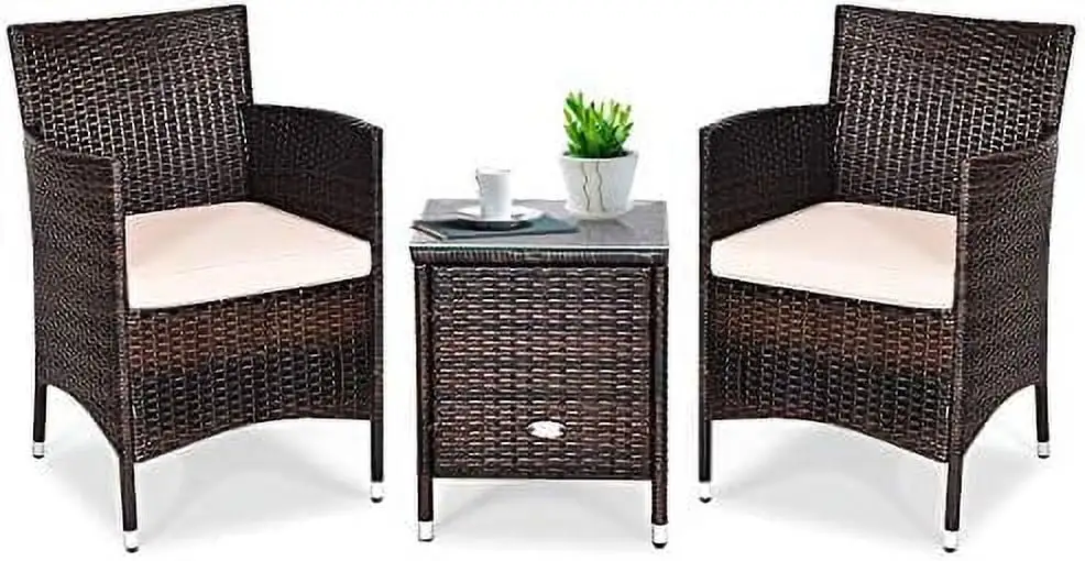 ZFGSUIJN Patio Set 3 Piece Outdoor Wicker Rattan Conversation Set with Coffee Table Chairs & Thick Cushions Suitable for Patio Garden Lawn Backyard Pool