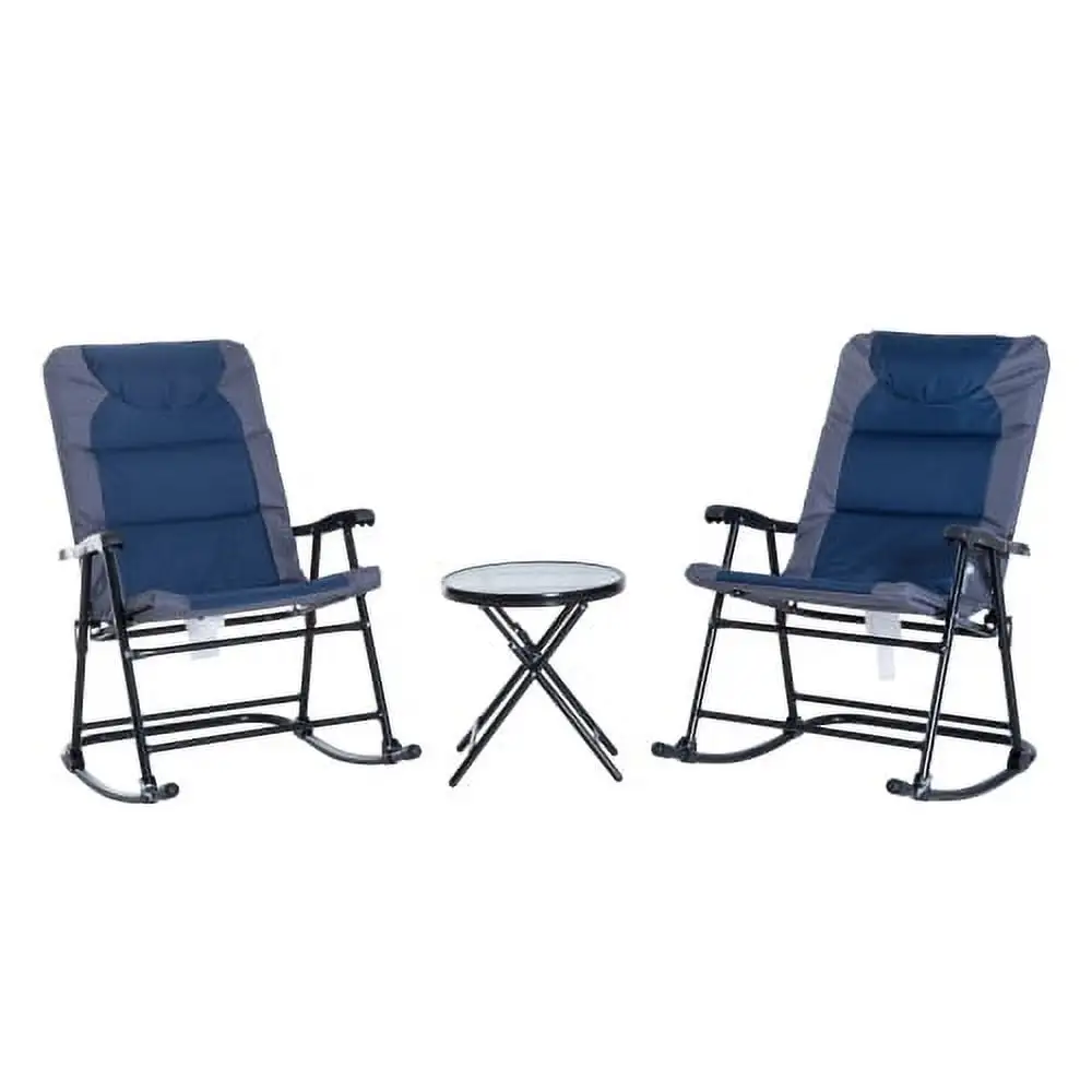 ZJbiubiuHome 3 Piece Outdoor Patio Set with Glass Coffee Table & 2 Folding Padded Rocking Chairs Bistro Style for Porch Camping Balcony Navy Blue