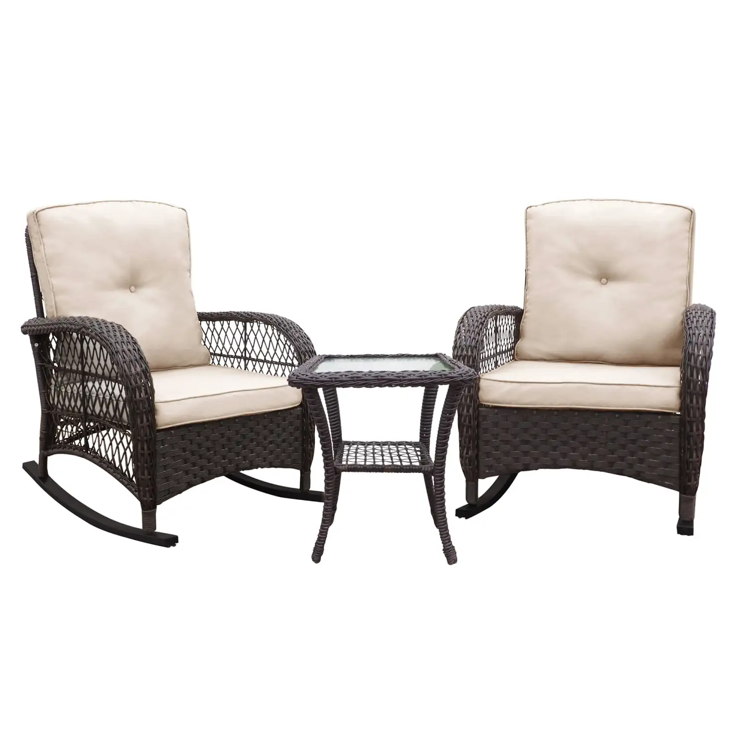 ZJbiubiuHome 3 Pieces Conversation Set Outdoor Wicker Rocker Patio Rocking Chair with Glass Top