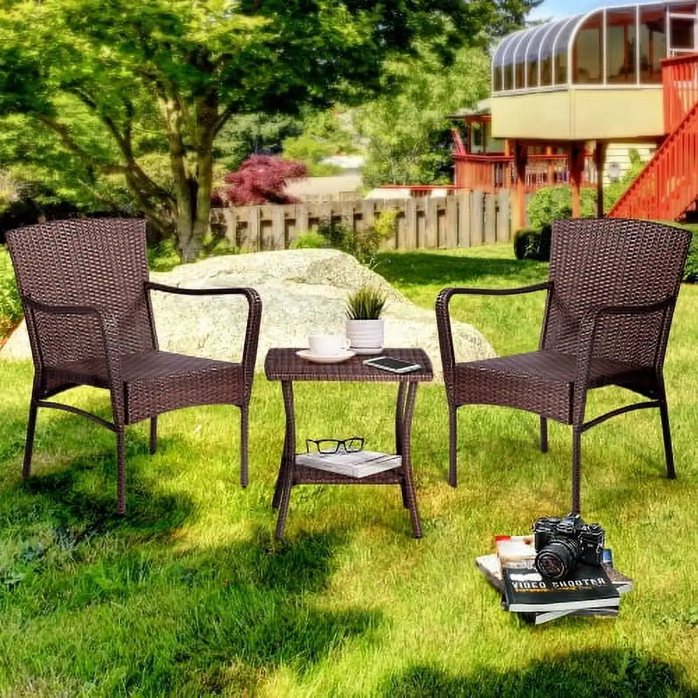 ZJbiubiuHome 3 Pieces Outdoor Seating Group PE Rattan Patio Wicker Patio Chairs Set Patio Bistro Sets Outdoor Conversation Sets - Brown