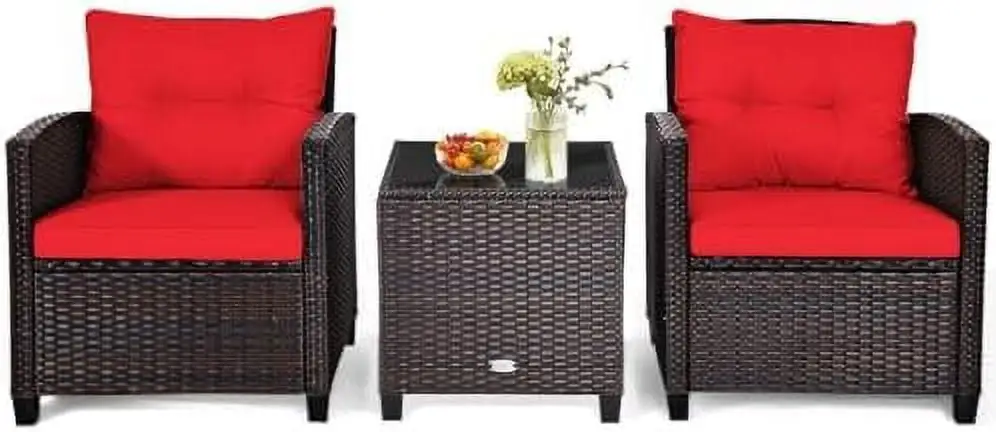 ZWGHLI 3 Pieces Patio Conversation Set Rattan Wicker Set Outdoor Garden Sofa Chair with Washable Cushion & Coffee Table