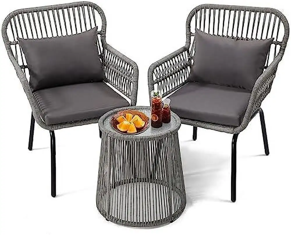 ZWGHLI 3 Pieces Rattan Wicker Outdoor Conversation Set Wicker Rattan Set with Glass Top Table Space Saving for Balcony Backyard Grey