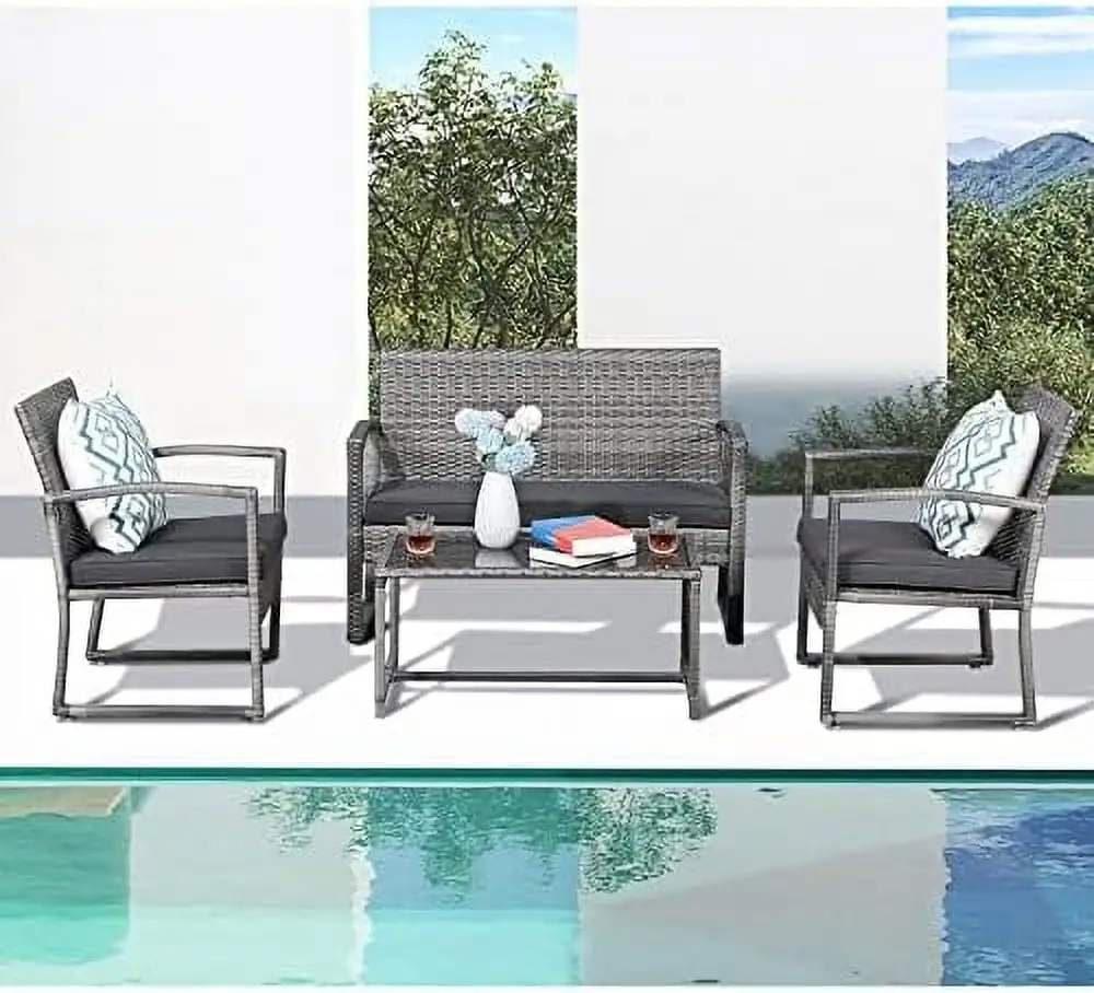 ZWGHLI 4 Pieces Outdoor Patio Set Outdoor Wicker Conversation Set Patio Rattan Chair Set Modern with Coffee Table Garden Balcony Backyard Poolside (Dark Grey)